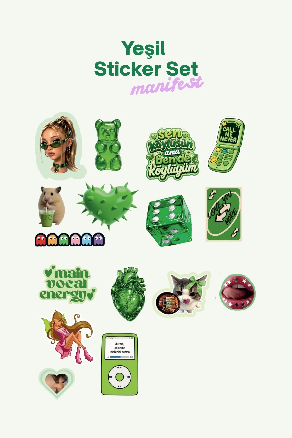 Manifest Sueda Yeşil Sticker Seti, Girlband Temalı Dekoratif Laptop ve Telefon Etiketi