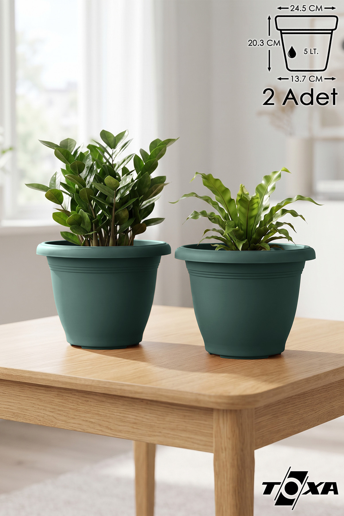ToXA 2li Villa Saksı Seti 5 Litre Yeşil 25cm Drenajlı Tabaksız Mat