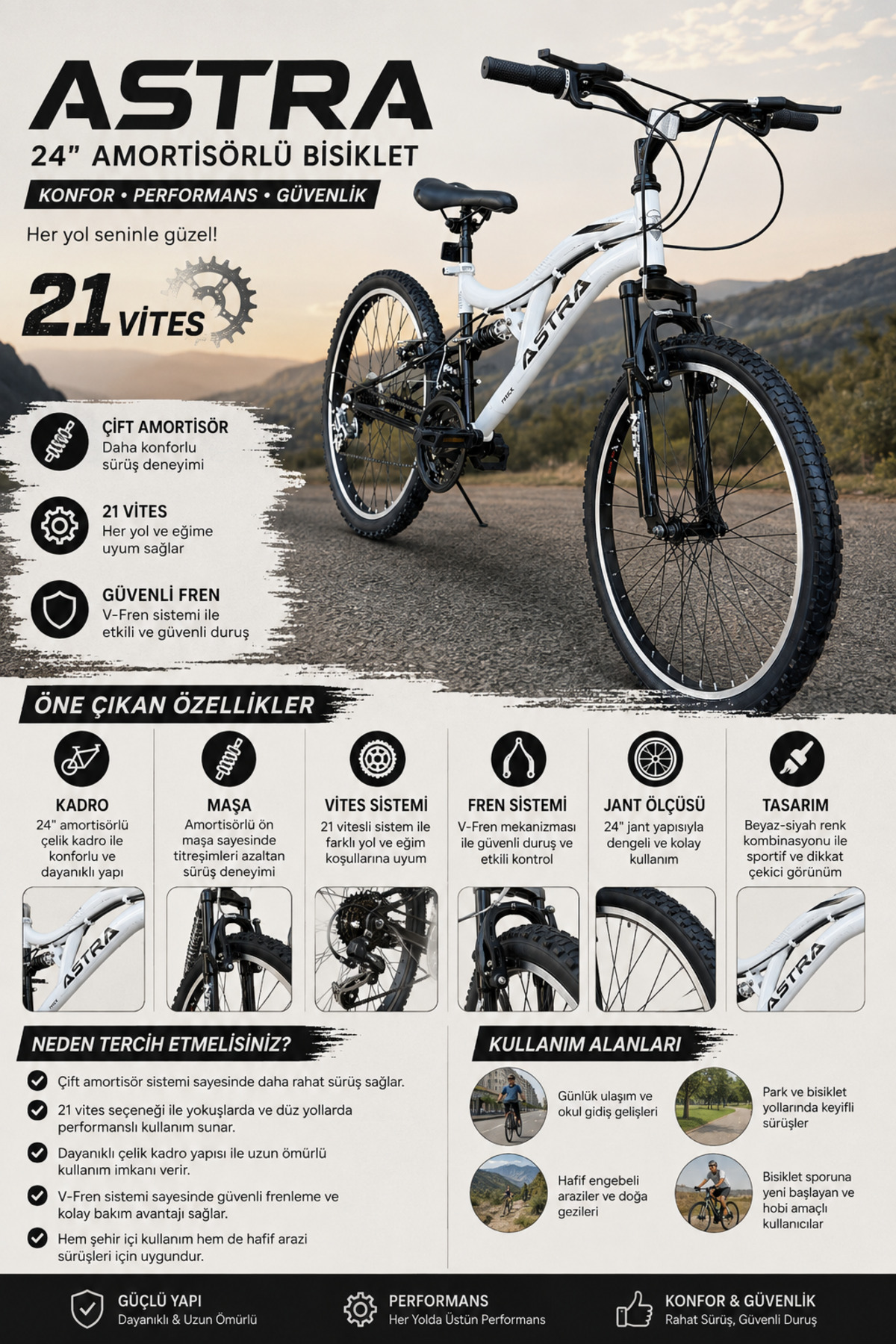 Belderia Astra Track 24\" Beyaz Siyah Çift Amortisörlü Dağ Bisikleti