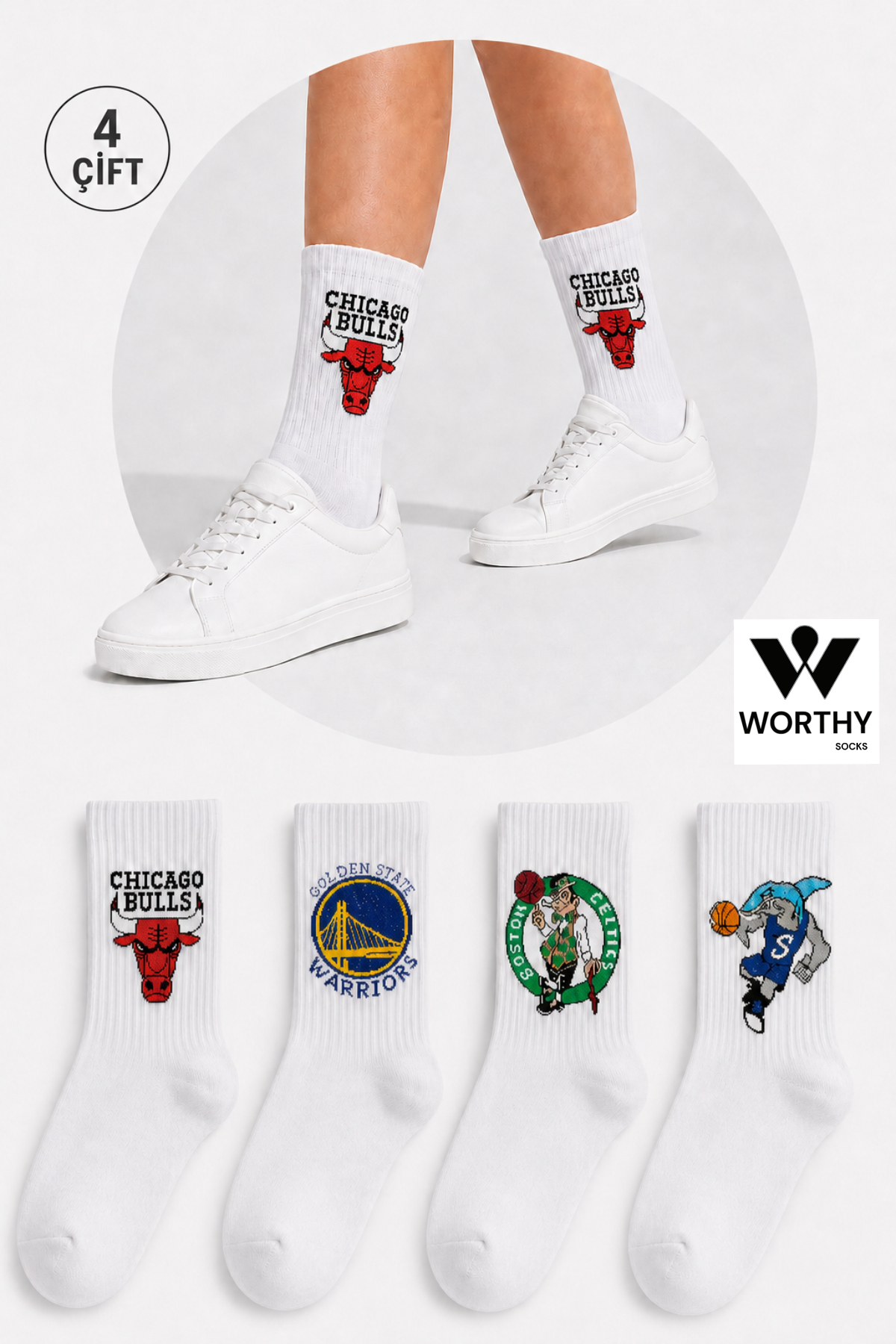 WORTHY SOCKS Pamuklu Basket Desenli Spor Kolej Çorap 4'lü Paket