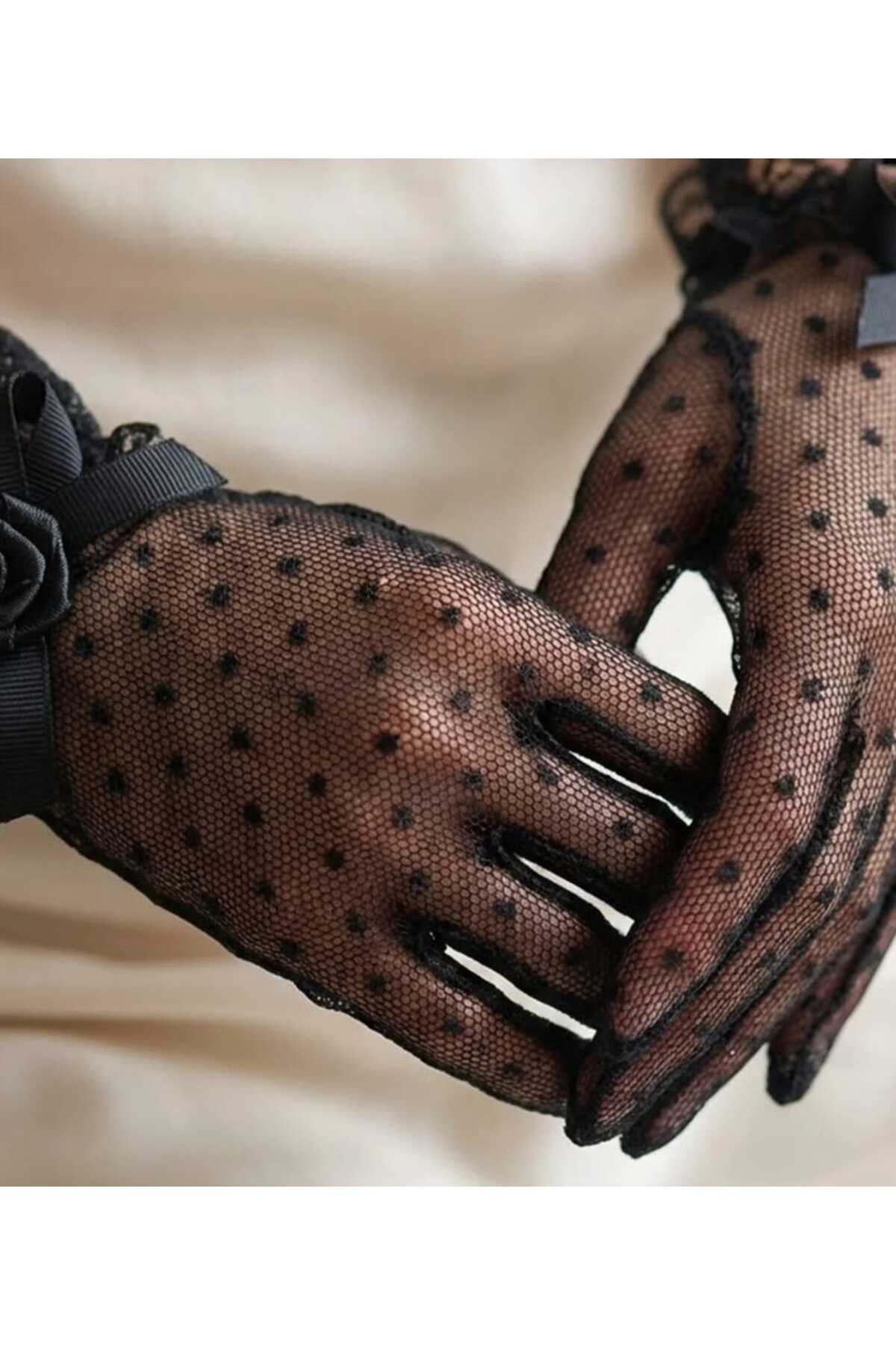SeddA Siyah Puanlı Gelin Düğün Davet Balo Parti Eldiveni, nikah eldiveni görsel 3