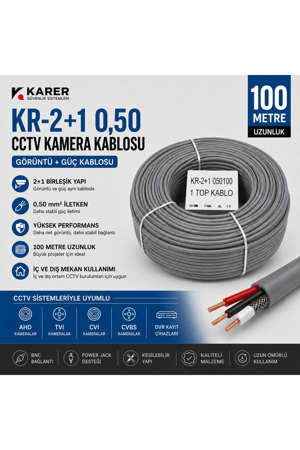 2+1 0,50 CCTV Güvenlik Kamera Kablosu 100 Metre – Görüntü ve Güç Birleşik Kablo