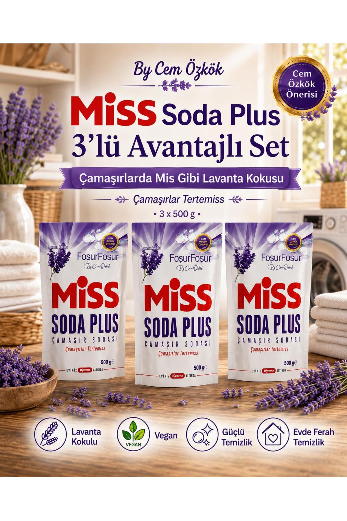 Miss By Cem Özkök Soda Plus Çamaşır Sodası 500 gr Lavanta Kokulu 3 Adet Birlikte Ekonomik Paket