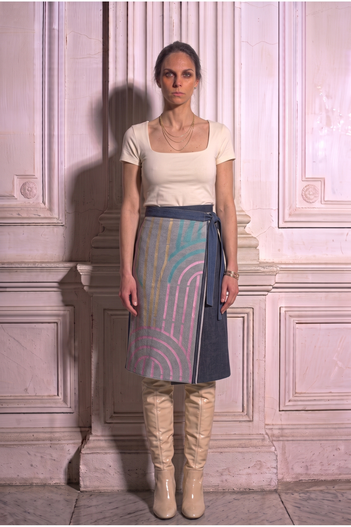 Özel Tasarım Art Deco Baskılı Asimetrik Midi Denim Sarong Stil Kot Etek · Görünüm 2