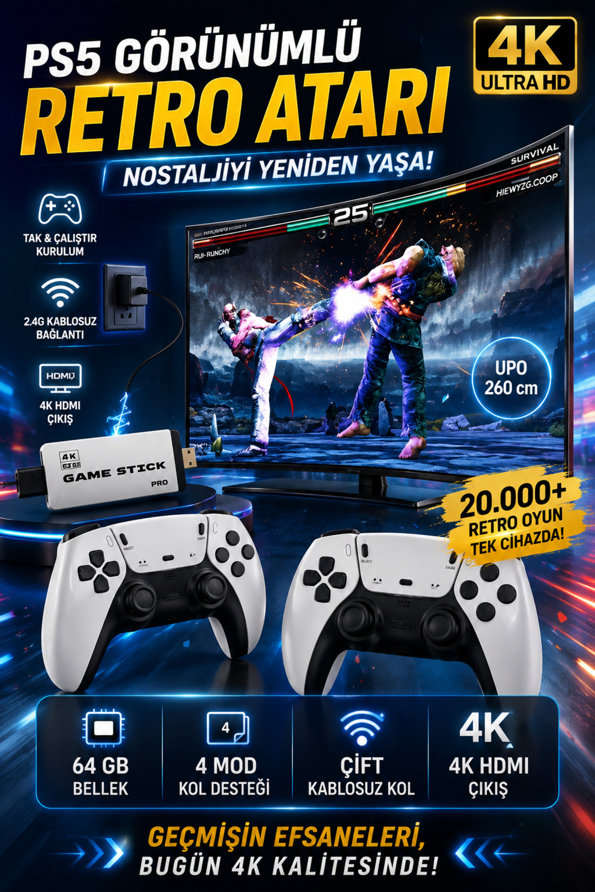 Zineets Gaming Atari 2.4g Uyumlu Kablosuz Çift Kol Atari Retro