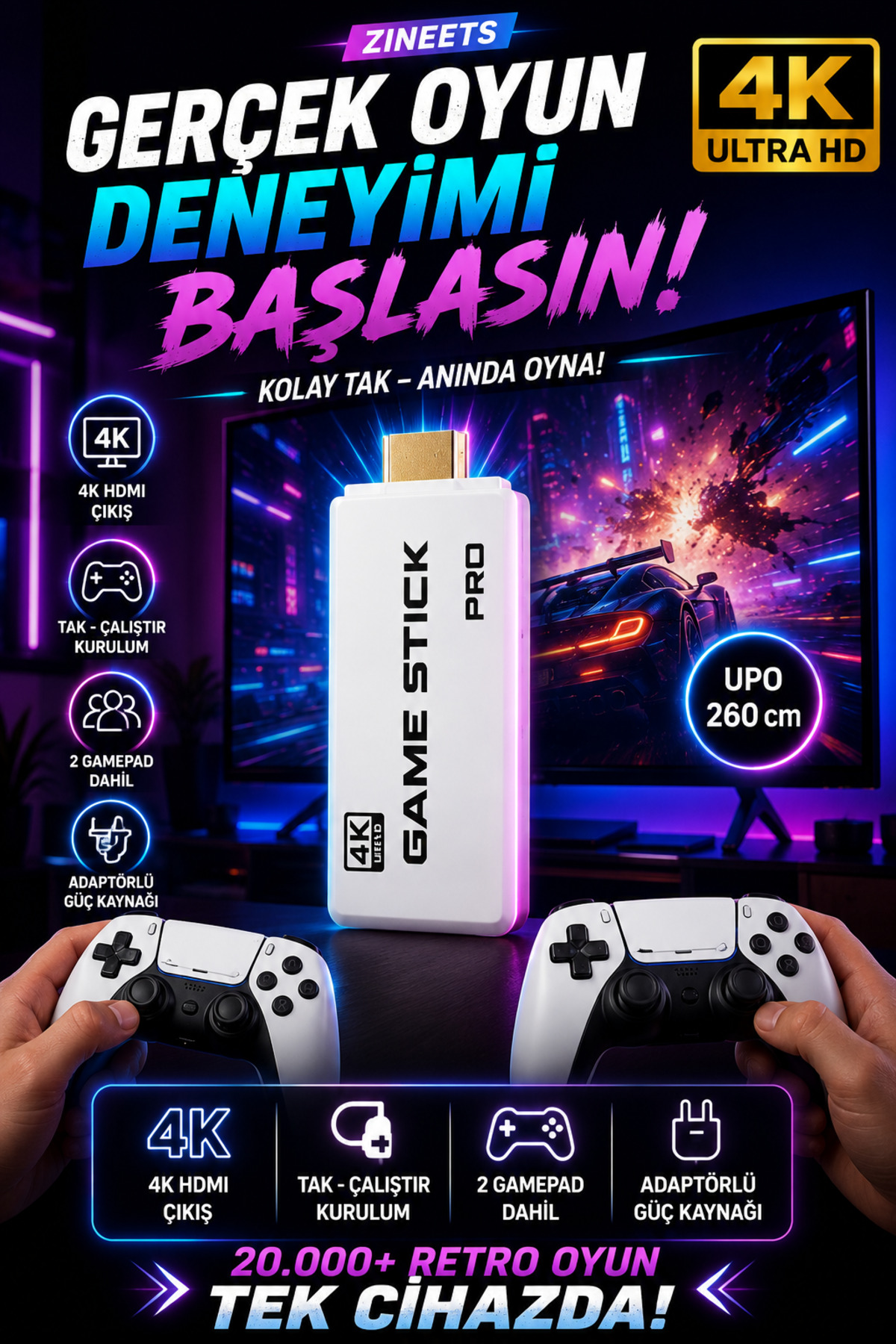 Zineets Gaming Atari 2.4g Uyumlu Kablosuz Çift Kol Atari Retro