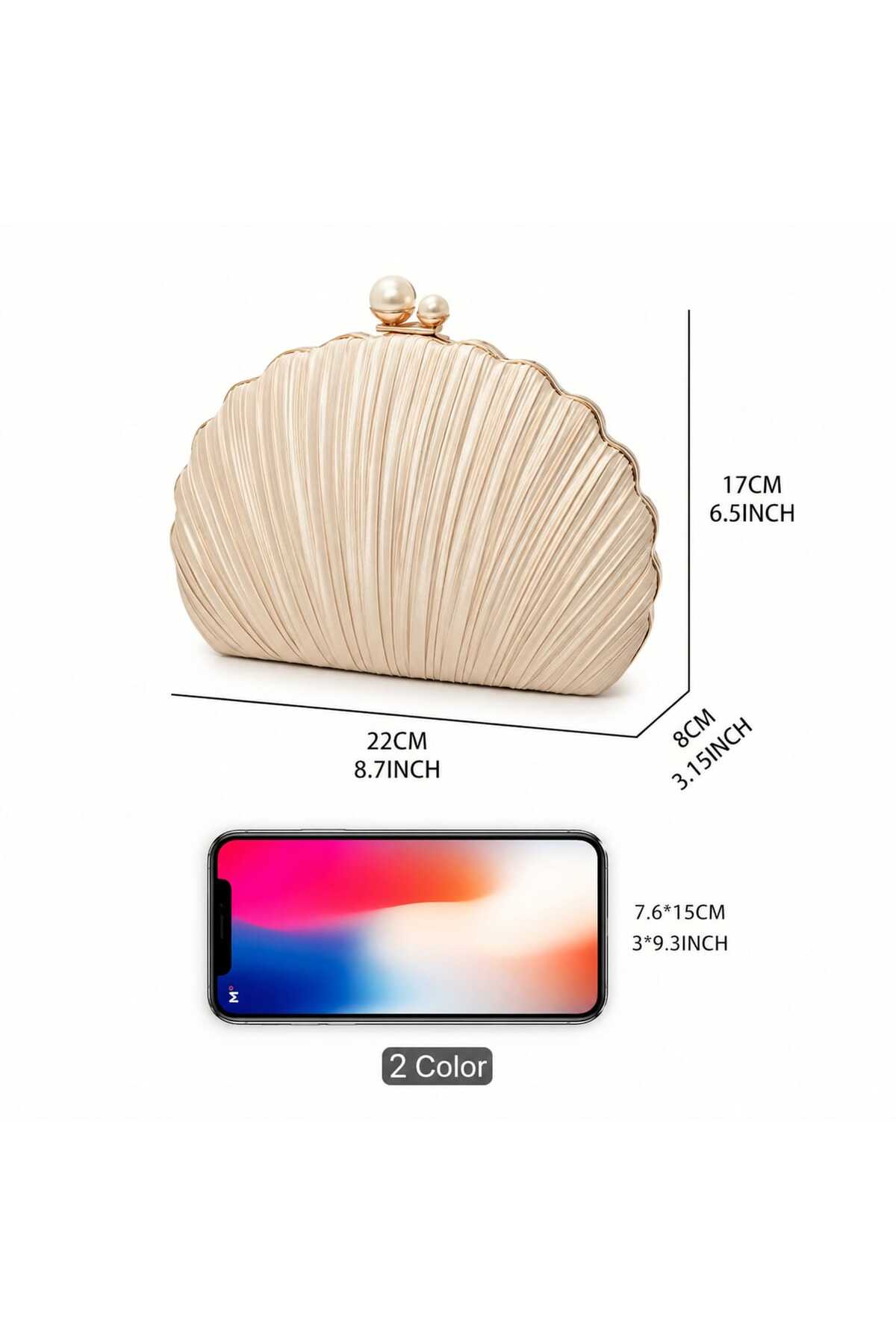 Z1 Home İstiridye Model Şampanya Pliseli Saten Abiye Çanta lüks El ve Omuz Çantası görsel 4