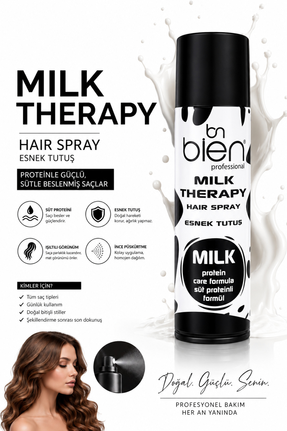 Bien Professional Milk Therapy Süt Proteinli Esnek Tutuş Saç Spreyi Bakım Yapan Doğal Görünüm 180 ML — BİEN180MİLK