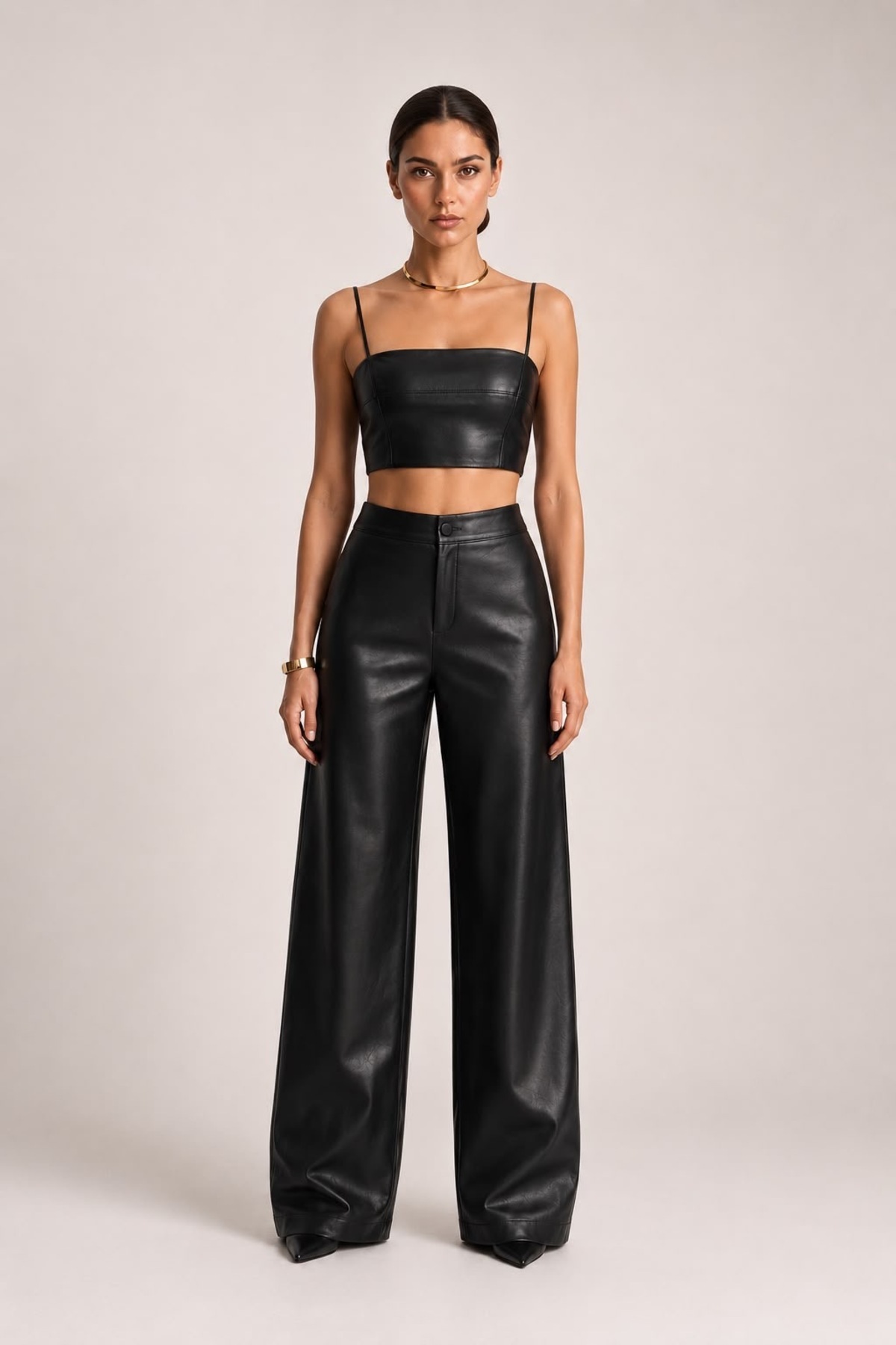 Grenj Fashion Siyah Bol Paça/Wide Leg Suni Deri Pantolon görsel 3