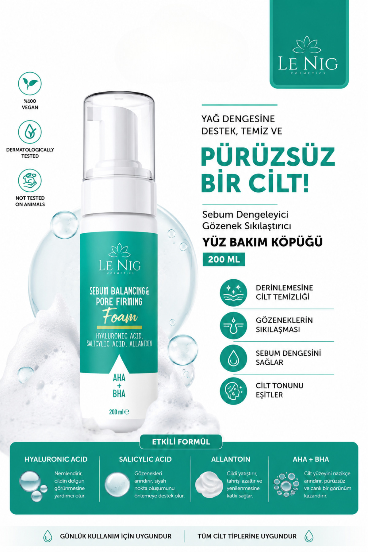 LE NIG Sebum Dengeleyici & Gözenek Sıkılaştırıcı Yüz Temizleme Köpüğü | AHA + BHA & Salisilik Asit | 200 ml — KÖPÜK1