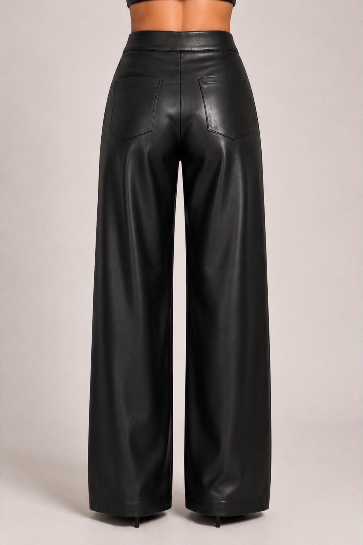 Grenj Fashion Siyah Bol Paça/Wide Leg Suni Deri Pantolon görsel 6