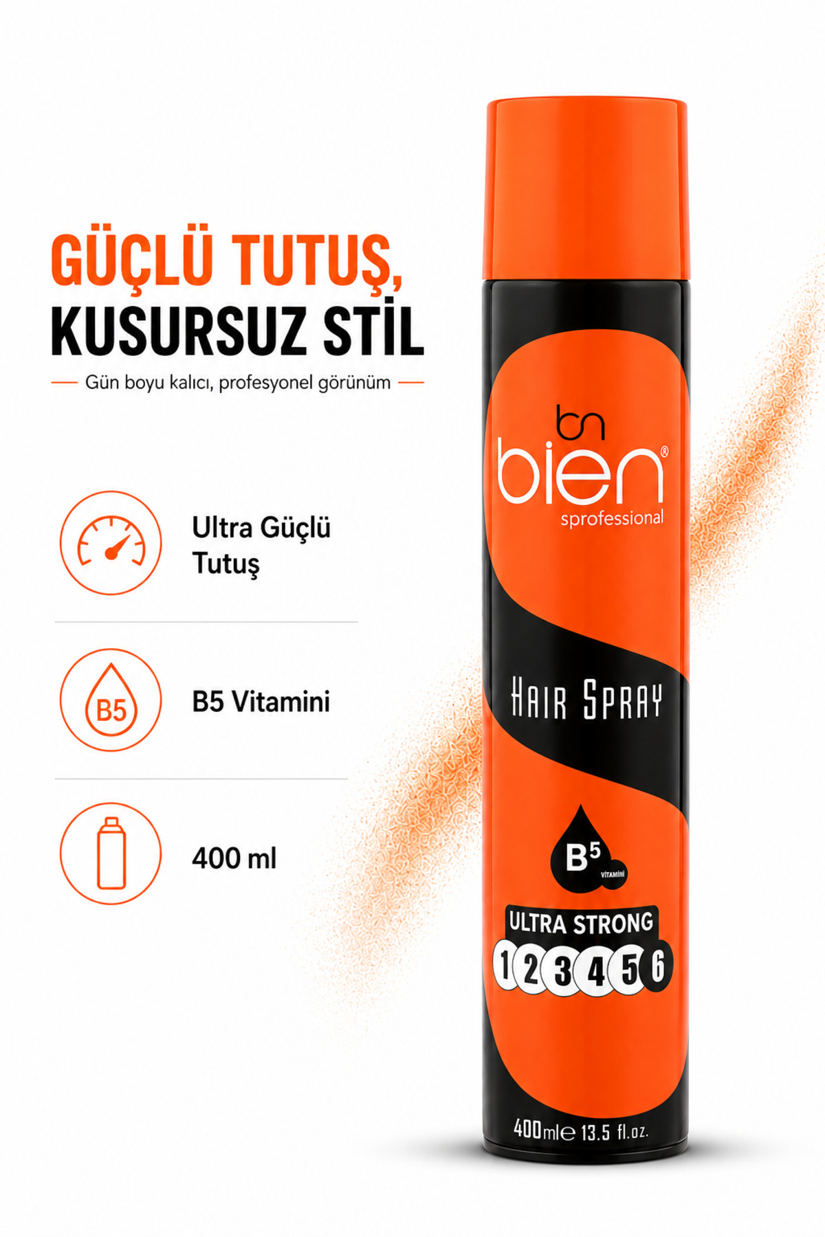 Bien Professional Ultra Strong Saç Spreyi B5 Vitaminli Güçlü Tutuş Sağlayan Şekillendirici 400 ml — BİENSAÇSPREYTURUNCU