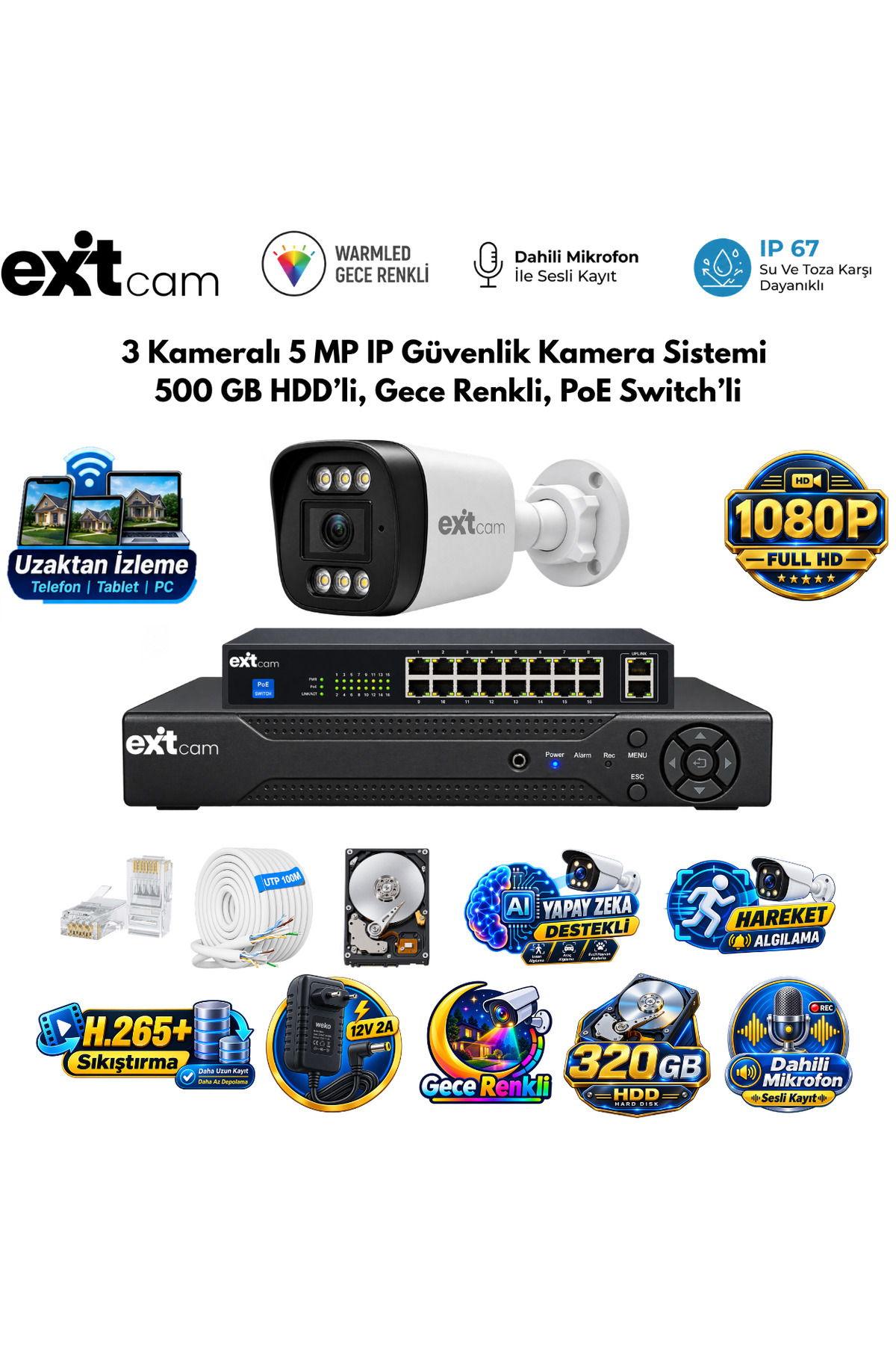 3'lü IP KAMERA-POELİ-5MP-ULTRA HD-4K 1920 ÇÖZÜNÜRLÜK-SESLİ-GECE RENKLİ GÖRÜŞ-İNSAN ve PLAKA ALGILAMA