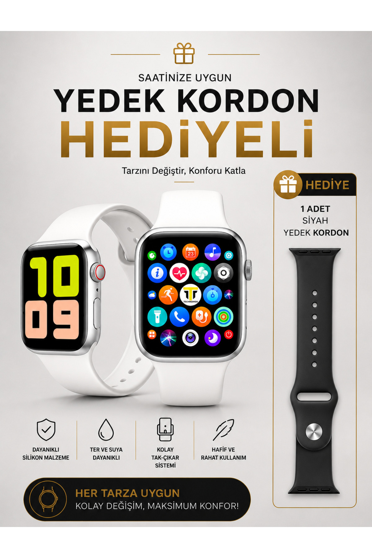 TECHNOMEN Akıllı Saat Türkçe Menülü Nabız& Tansiyon Ölçer Arama Özellikli ios&anroid Çift Tuş Yedek Kordon Hediyeli
