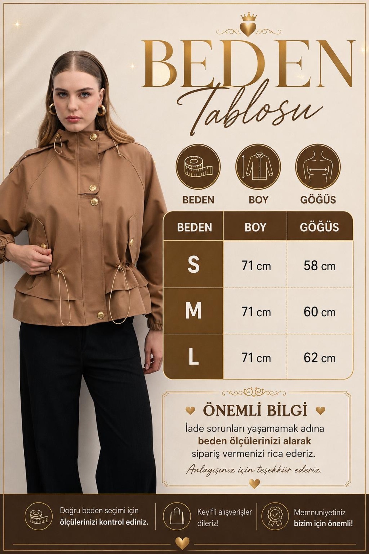 OYERGA MODA Kadın Yeni Sezon Büzgülü Gold Detaylı Yağmurluk görsel 6