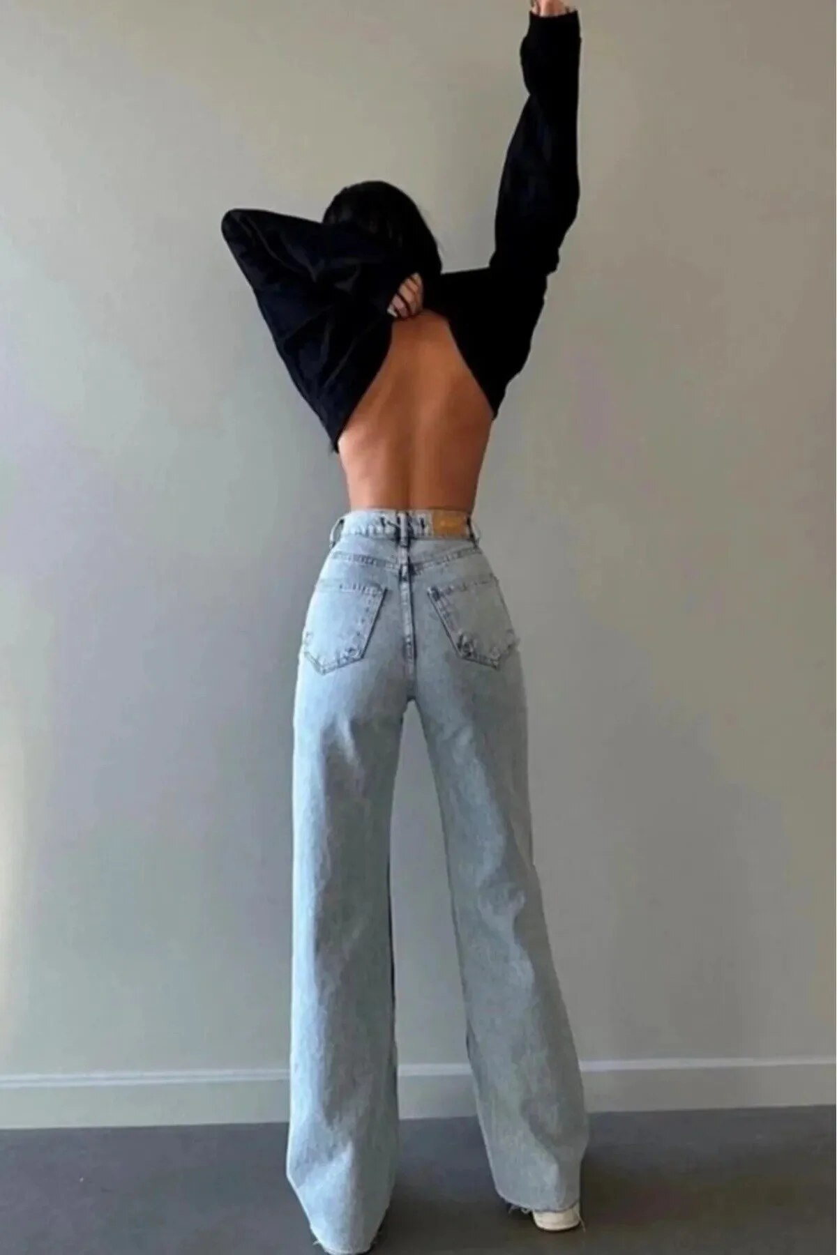 Avcı Buz Kar Yıkama Likralı Süper Yüksek Bel Salaş Paça Denim Palazzo Pantolon görsel 2