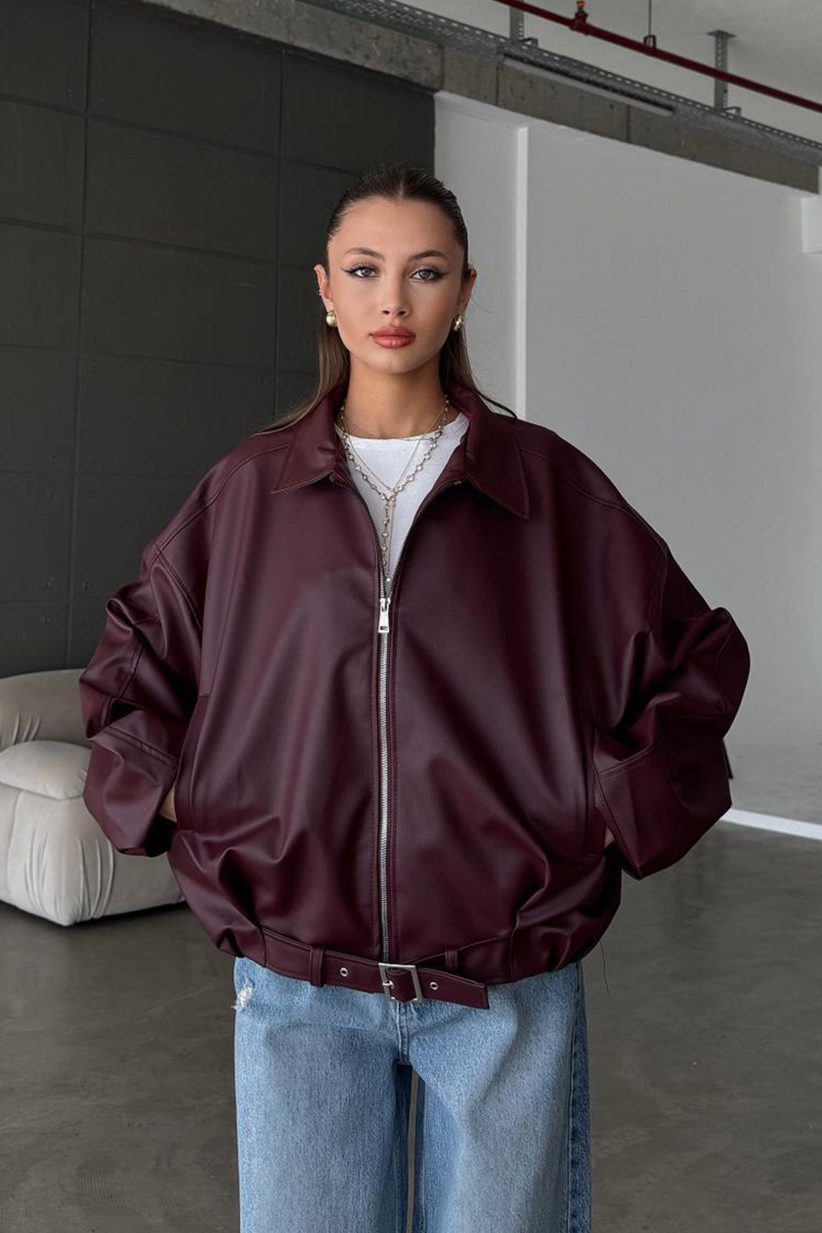 MANMARK Kadın Oversize Tokalı Kemerli Deri Ceket –Rahat Kalıp,Günlük Dış Giyim| Yeni Sezon Trend Kadın Ceket görsel 3