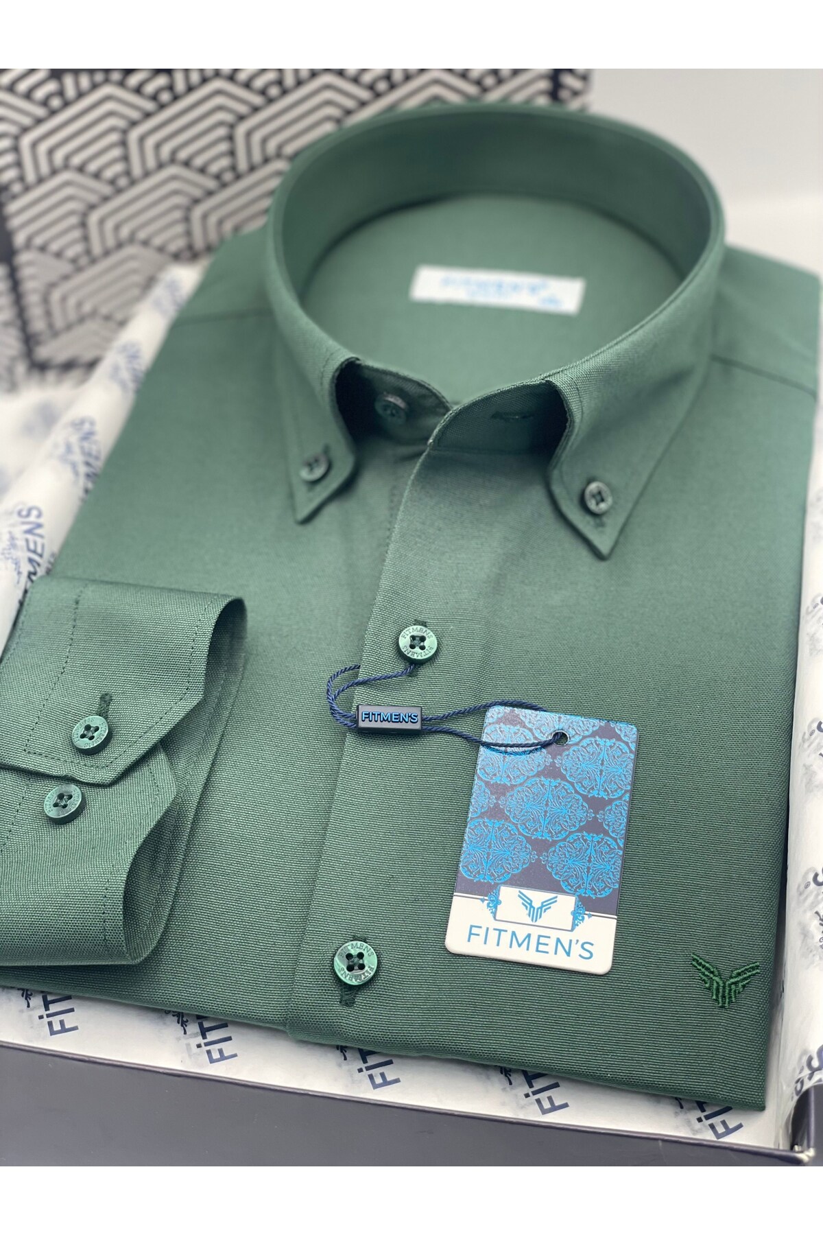Slim Fit Uzun Kol Pamuklu Hediye Kutulu Kolay Ütülenebilir Erkek Gömlek FS-002225 - Koyu Yeşil — سبز — تصویر 5 از 6
