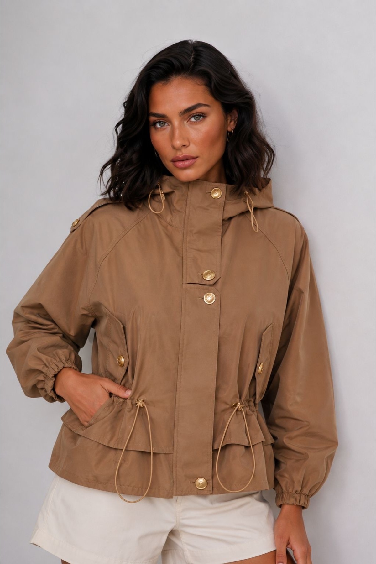 OYERGA MODA Kadın Yeni Sezon Büzgülü Gold Detaylı Yağmurluk