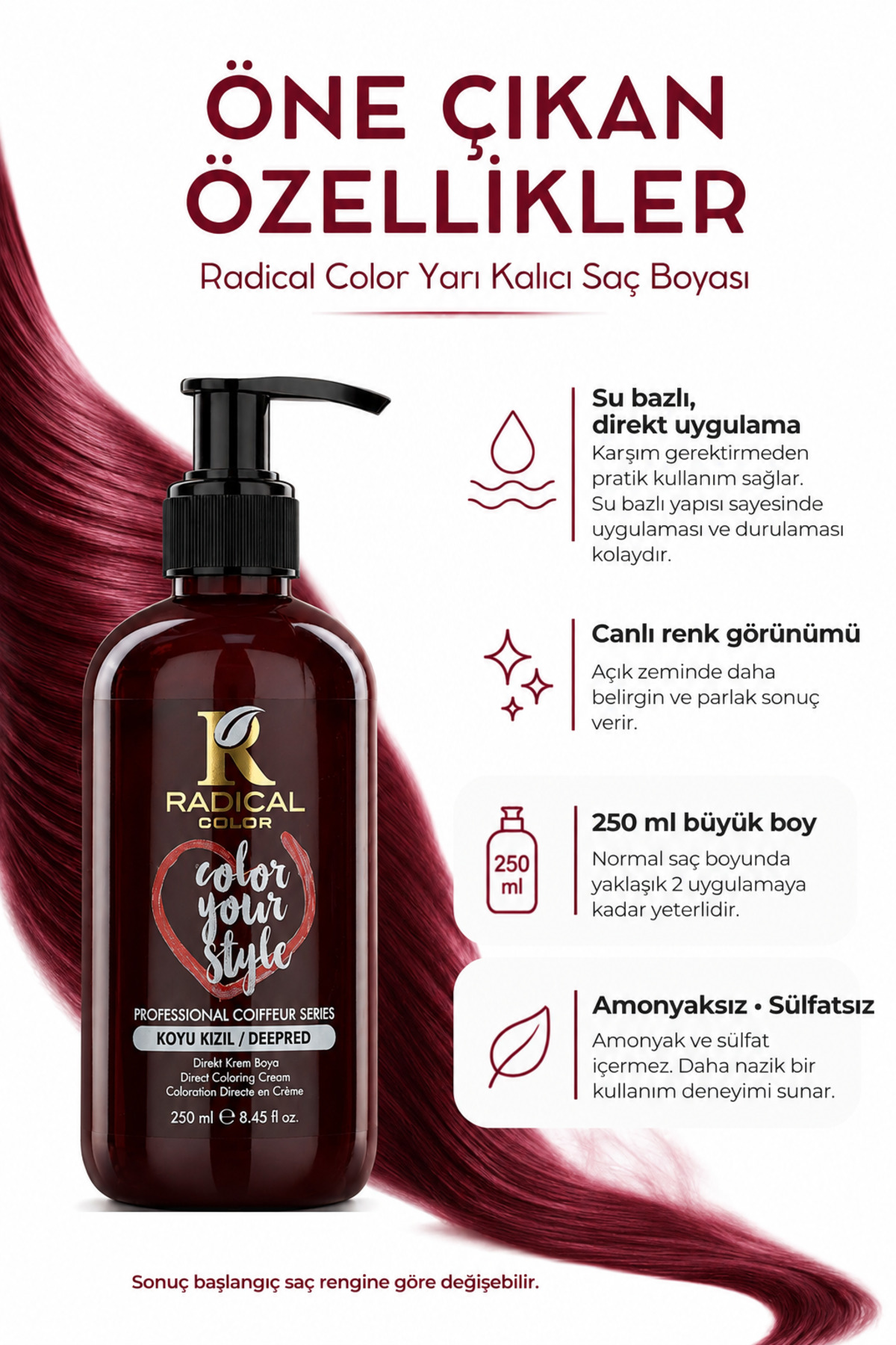 Koyu Kızıl Su Bazlı Saç Boyası – Amonyaksız ve Oksidansız, Açık Saçta Canlı ve Yoğun Renk | 250 ml — زرشکی 0001subazlıboya — تصویر 2 از 8