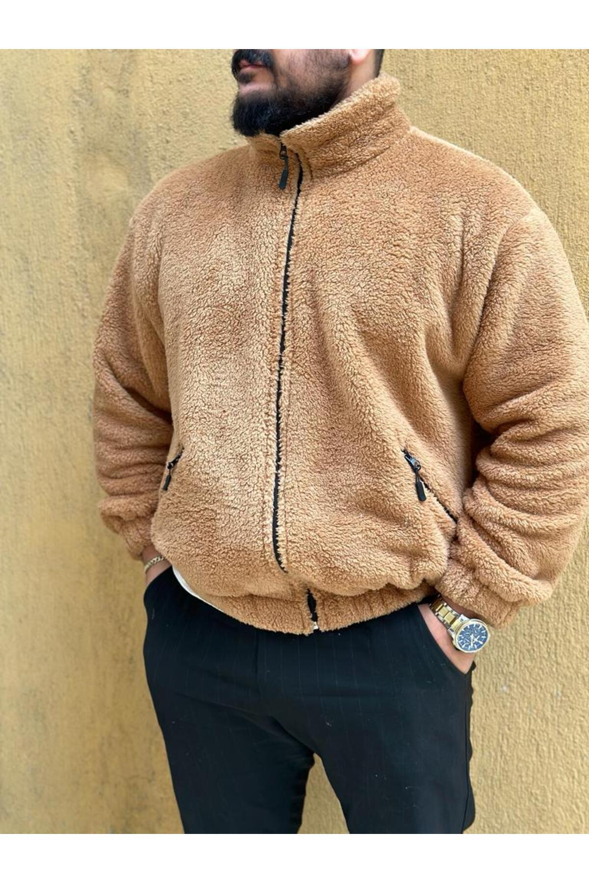Camel Tarçın Peluş Wellsoft Dik Yaka Cepleri Fermuarlı Oversize Kesim Peluş Ceket — قهوه‌ای PELUŞCEKET — تصویر 4 از 7