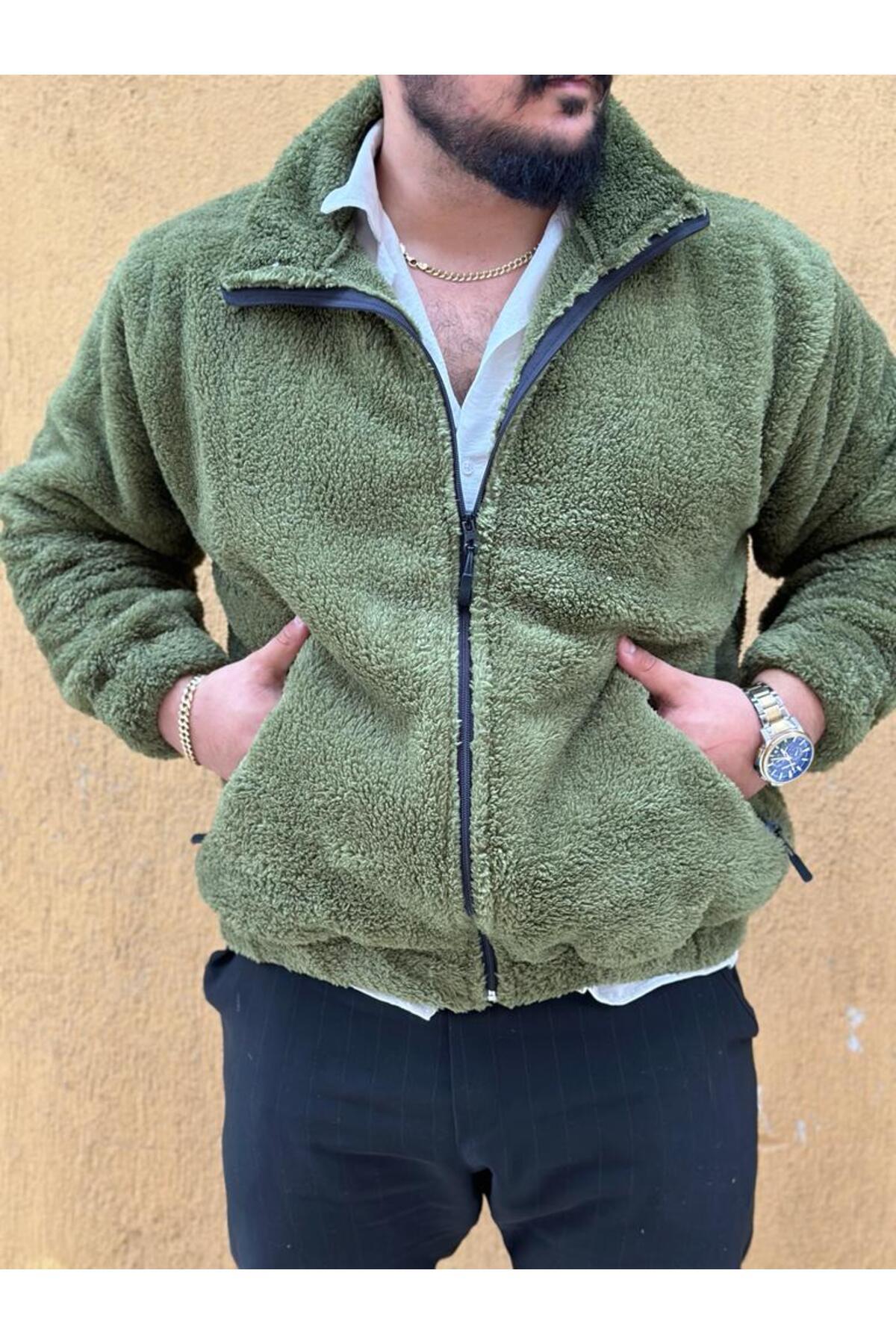 Erkek Haki Yeşil Oversize Fermuarlı Peluş Mont — سبز PELUŞCEKET — تصویر 3 از 5