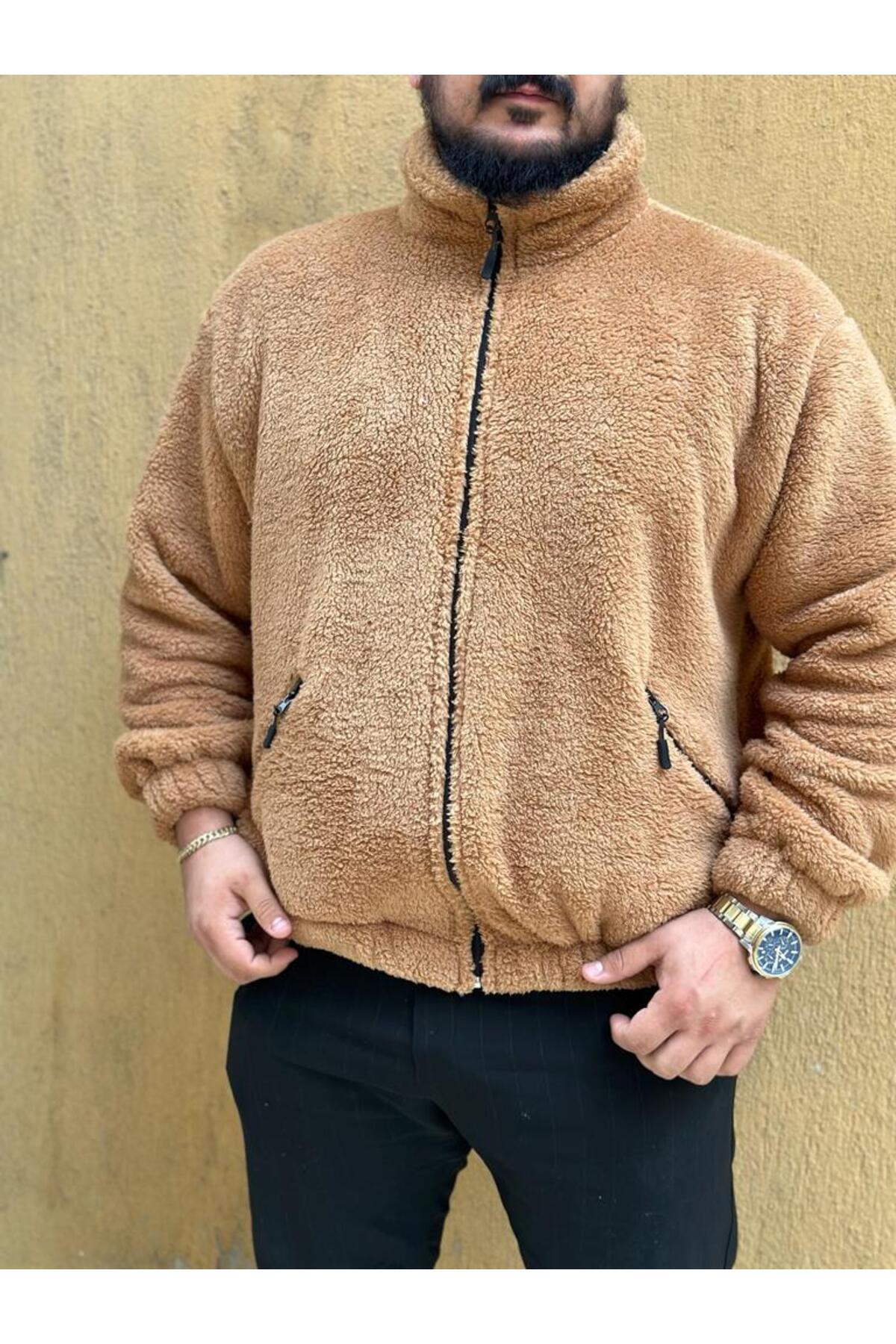 Camel Tarçın Peluş Wellsoft Dik Yaka Cepleri Fermuarlı Oversize Kesim Peluş Ceket — قهوه‌ای PELUŞCEKET — تصویر 6 از 7