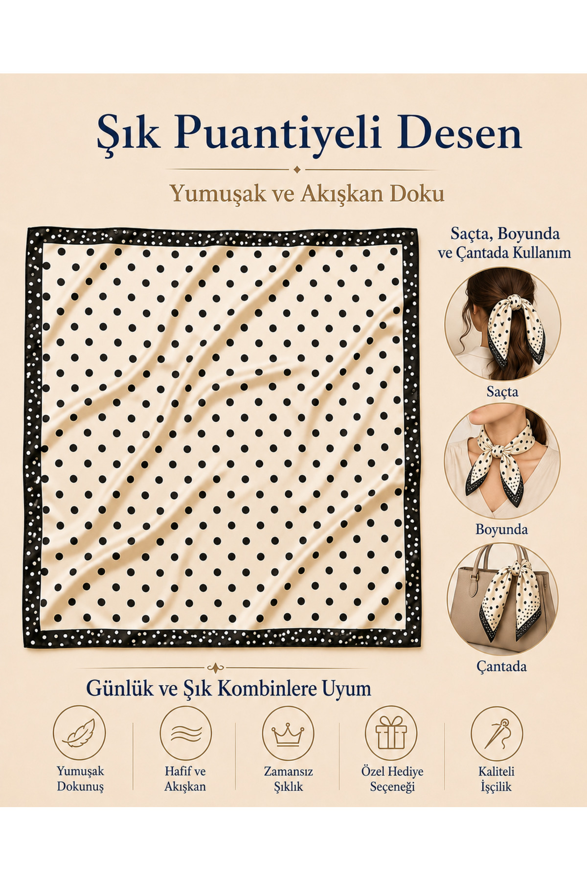 OUS Kadın Puantiyeli 50x50 cm Saten Fular, Siyah Kenarlı İpeksi Dokulu Kare Boyun Saç ve Çanta Aksesuarı görsel 4