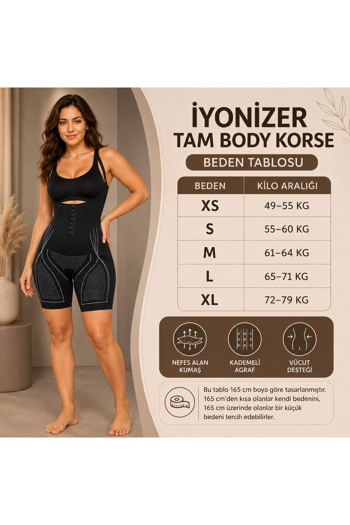 SAUNA SUIT Kadın Korse Takım Yerine Tek Parça Body Çıtçıtlı Ön Kapama Bacak Boyu Şort Göbek Toplayan Form İç Giyim Krem görsel 6
