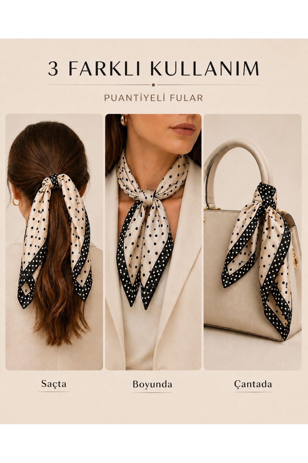 OUS Kadın Puantiyeli 50x50 cm Saten Fular, Siyah Kenarlı İpeksi Dokulu Kare Boyun Saç ve Çanta Aksesuarı görsel 2