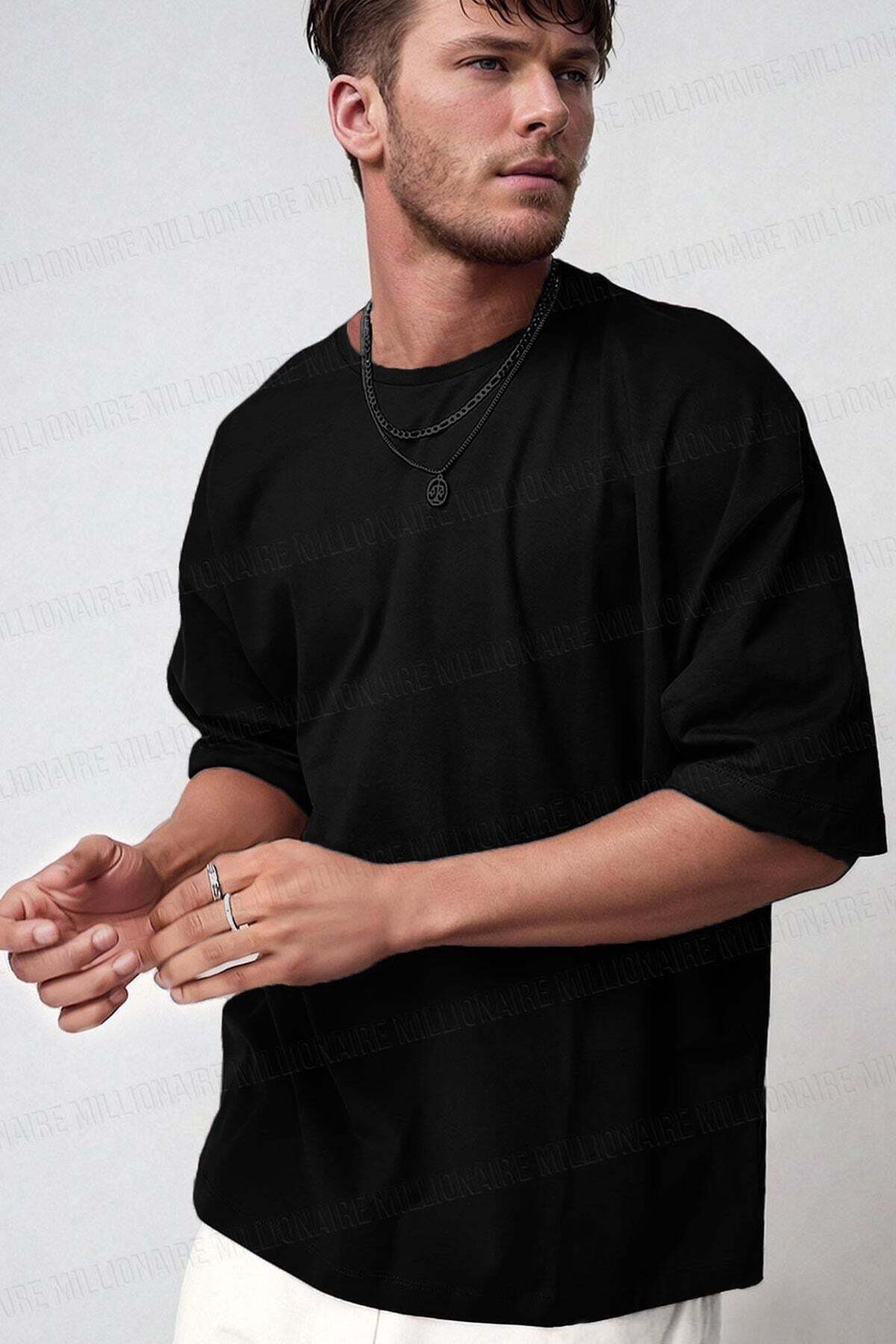 Millionaire Erkek Siyah Black Jack Oversize Fit Bol Geniş Kalıp Salaş Kesim T-shirt görsel 4