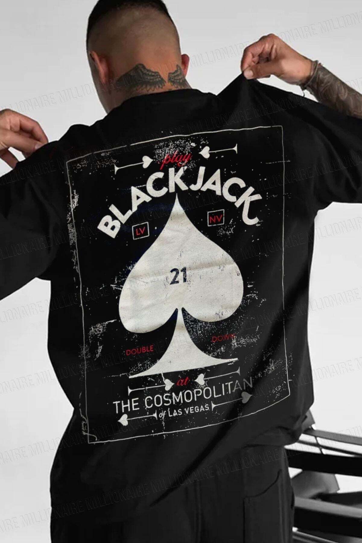 Millionaire Erkek Siyah Black Jack Oversize Fit Bol Geniş Kalıp Salaş Kesim T-shirt görsel 3