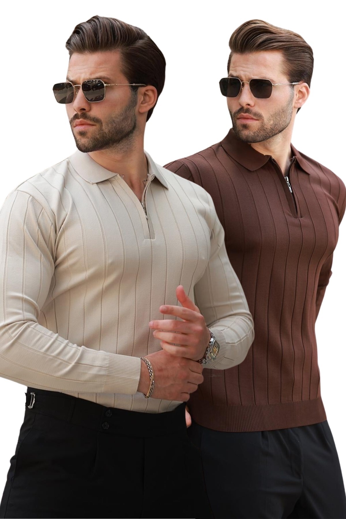 Madmext Kahverengi/Bej Polo Yaka Fermuarlı Örme Kazak 2'Li Set 7242 görsel 3