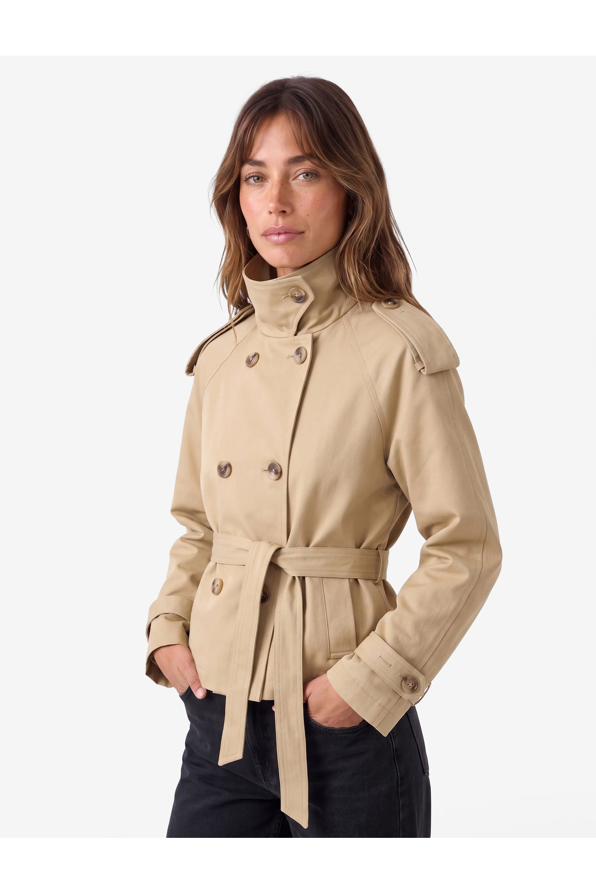 Koton Gabardin Kemerli Cepli Dik Yaka Reglan Kollu Kruvaze Trençkot görsel 2