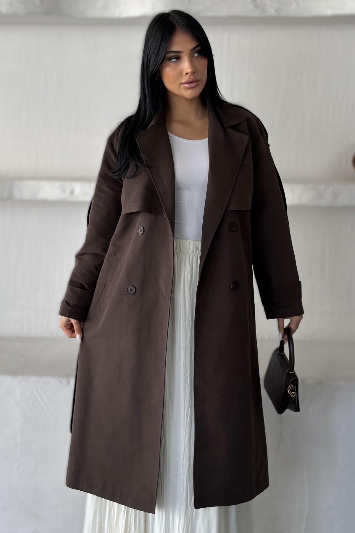 Moderk Uzun Rüzgarlıklı Oversize Kuşaklı Apoletli Kadın Trençkot Maxi Boy görsel 3