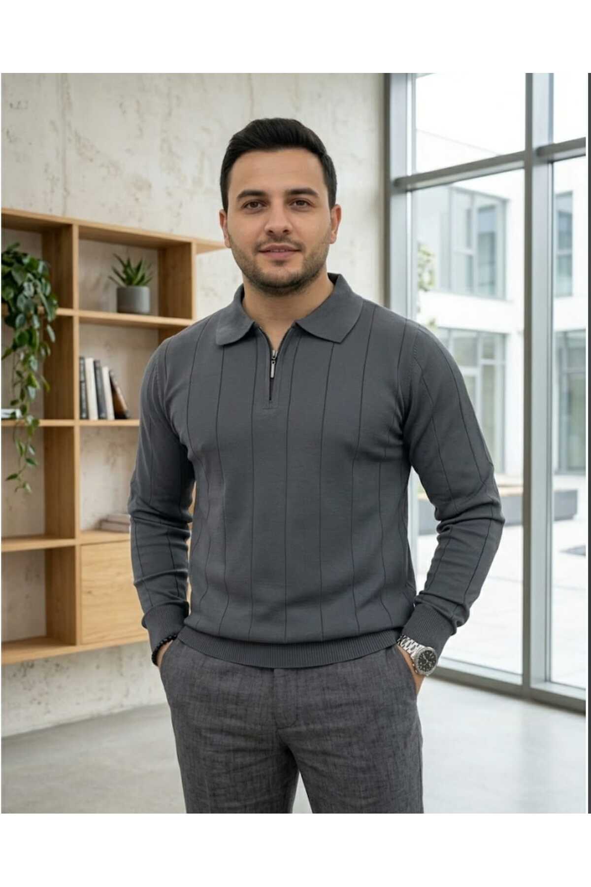 Erkek Yarım Fermuarlı Polo Yaka Mevsimlik Kazak Antrasit — نقره‌ای SLMT20250002 — تصویر 3 از 4