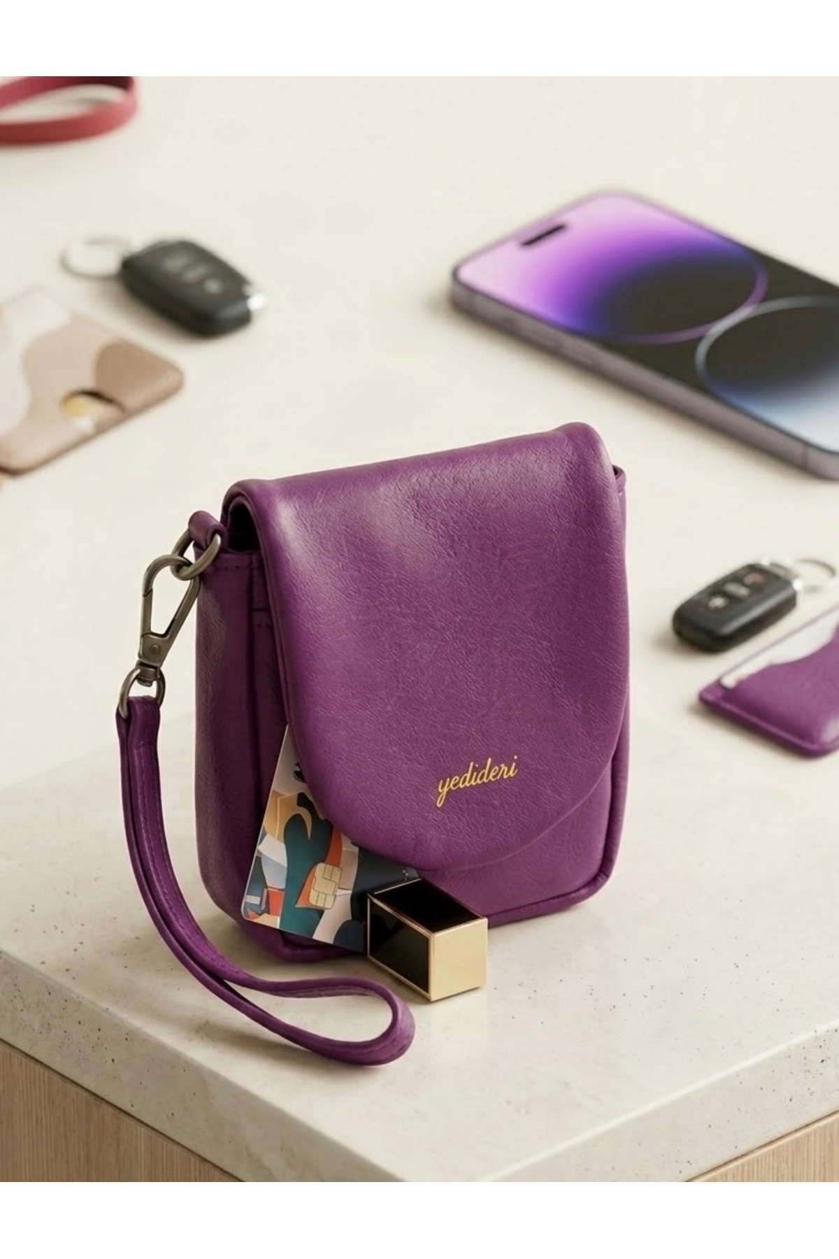 Virabio leather products Kadın Hakiki mor Deri Cüzdan - Bilek Askılı Mini Kartlık ve Rujluk görsel 2