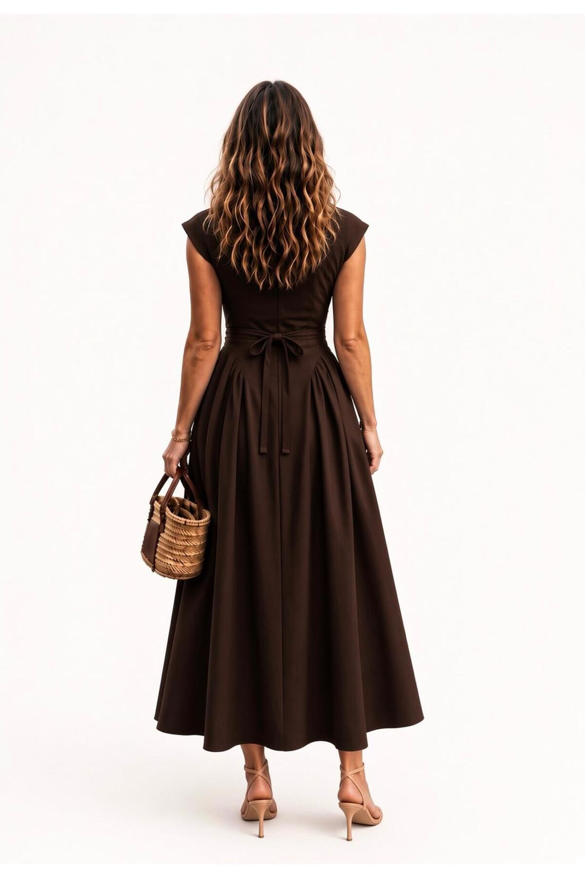 Raunk Vintage Elegance Kahverengi Belden Oturtmalı Poplin Kumaş Maxi Elbise görsel 3