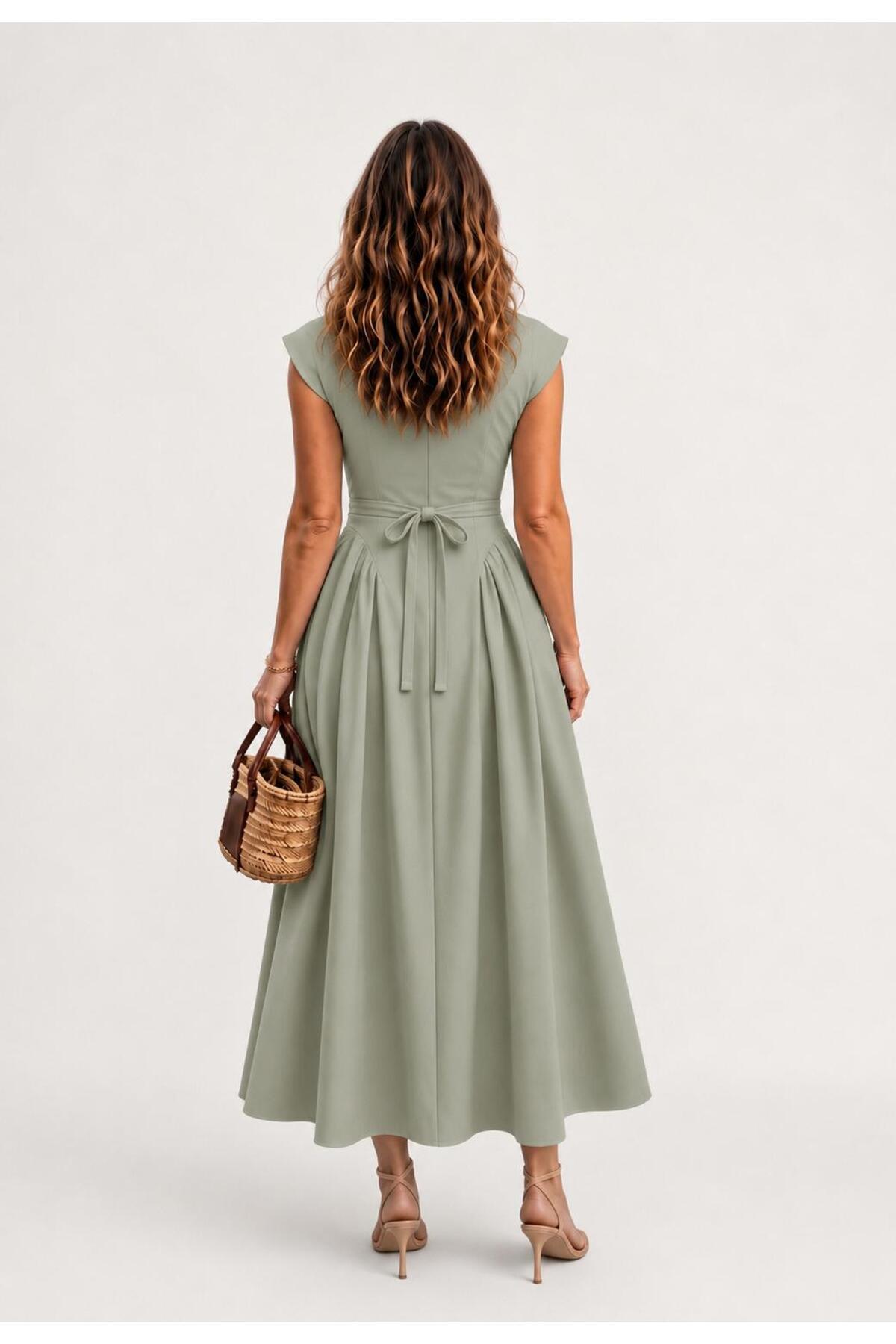 Raunk Vintage Elegance Yeşil Belden Oturtmalı Maxi Elbise görsel 3