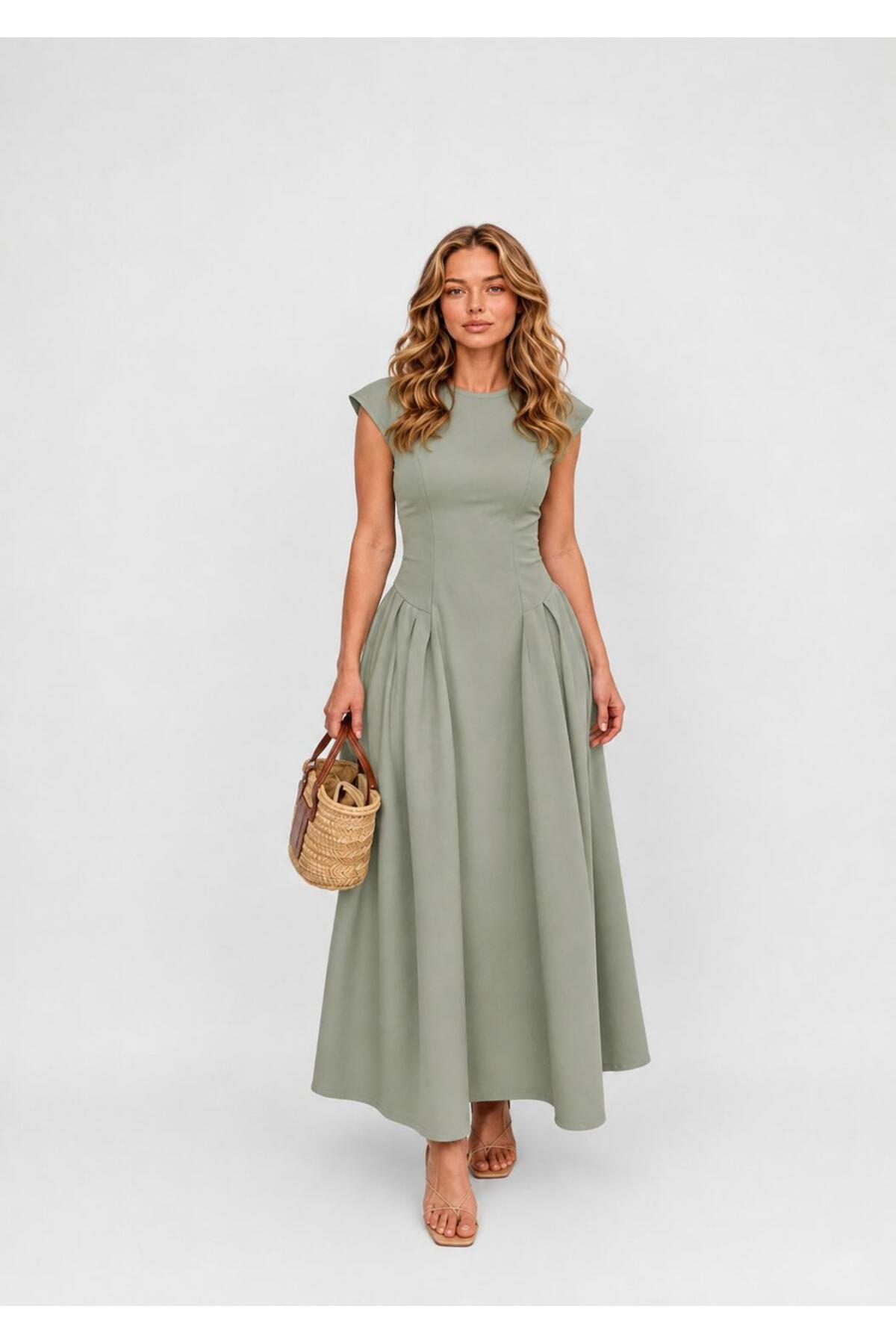 Raunk Vintage Elegance Yeşil Belden Oturtmalı Maxi Elbise görsel 2