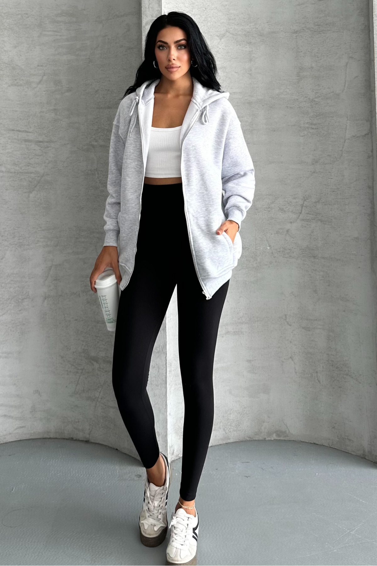 macharel jeans oversize kalıp 3 iplik şardonlu fermuarlı kapşonlu sweatshirt gri görsel 5