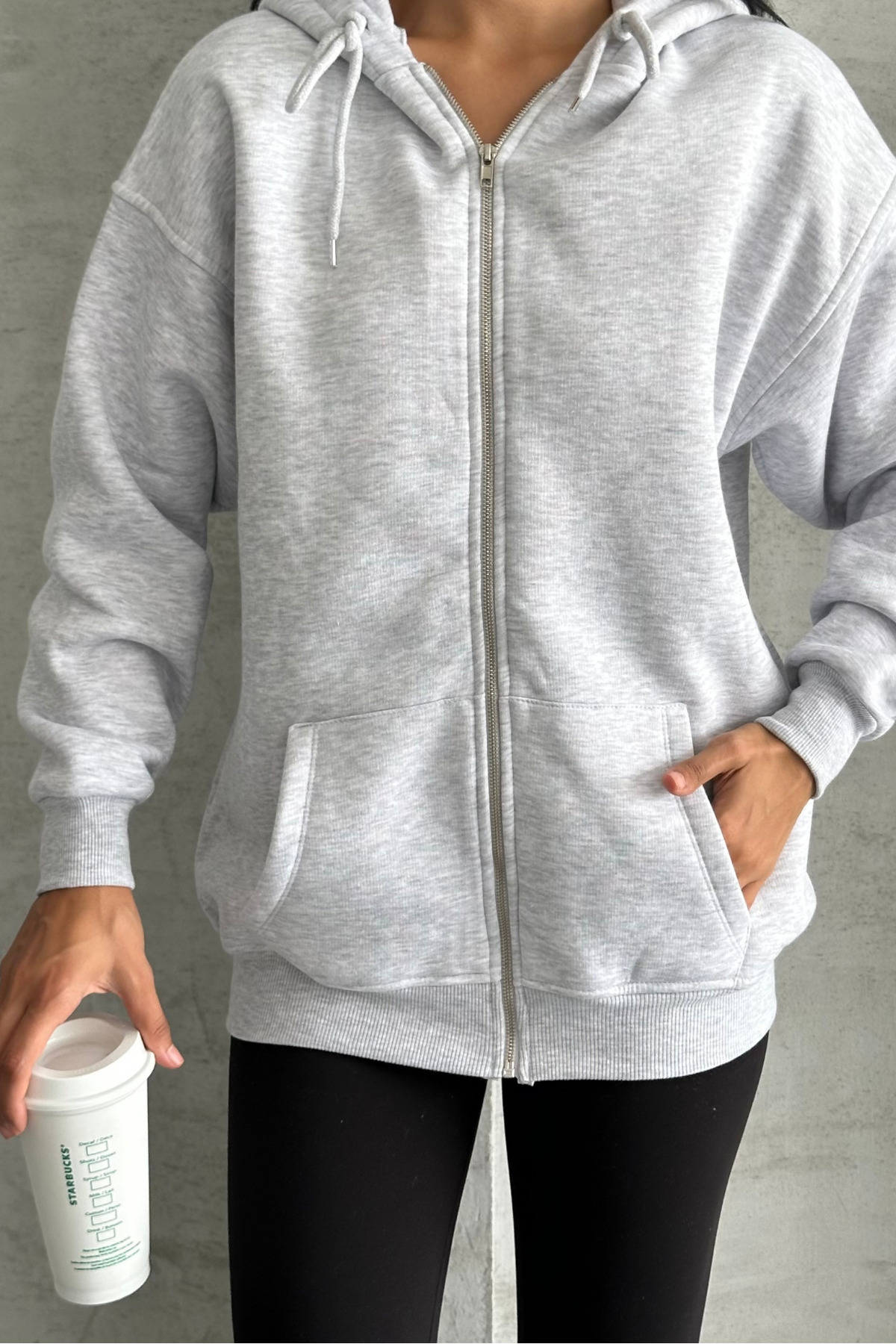 macharel jeans oversize kalıp 3 iplik şardonlu fermuarlı kapşonlu sweatshirt gri görsel 8