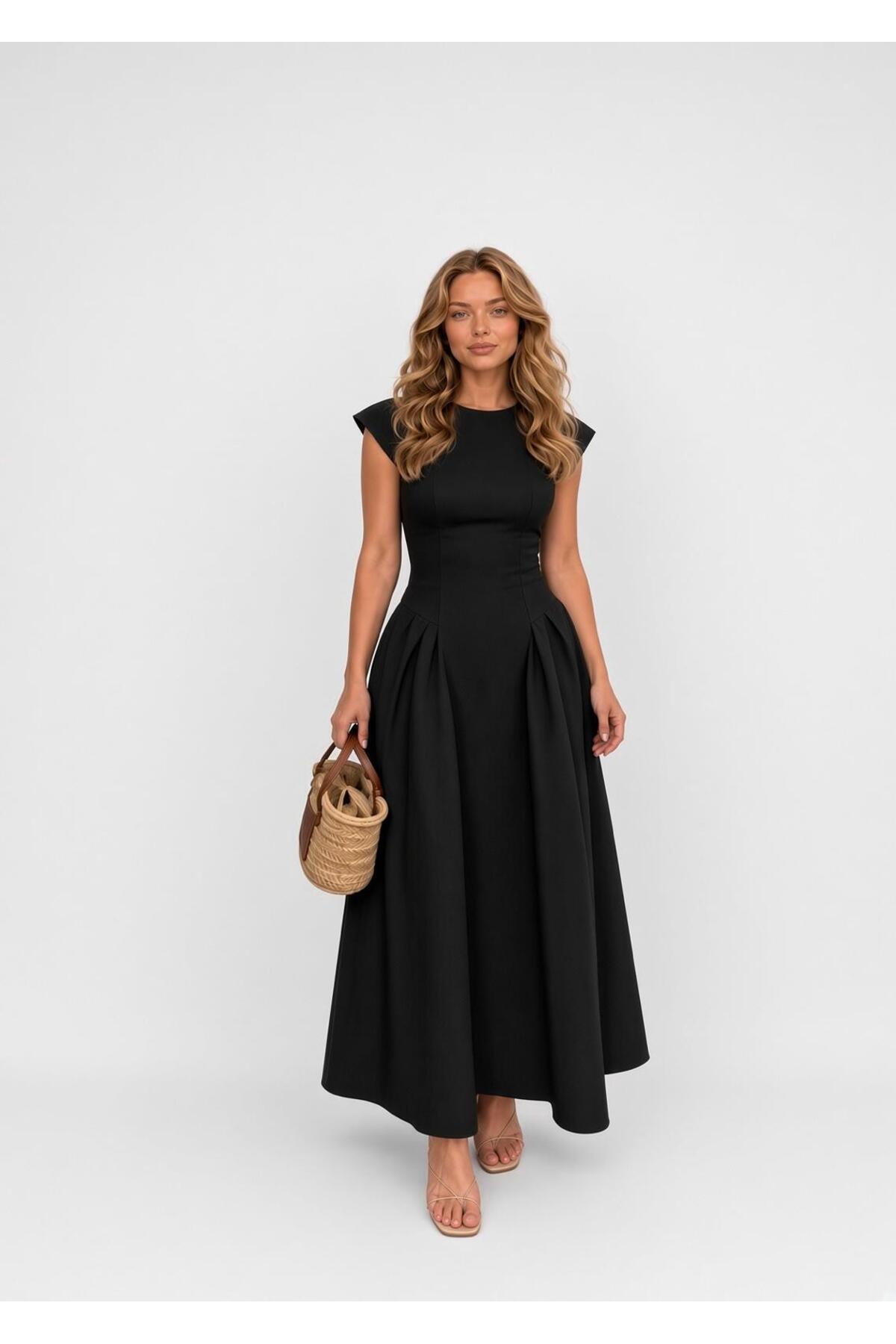 Raunk Vintage Elegance Siyah Belden Oturtmalı Poplin Kumaş Maxi Elbise