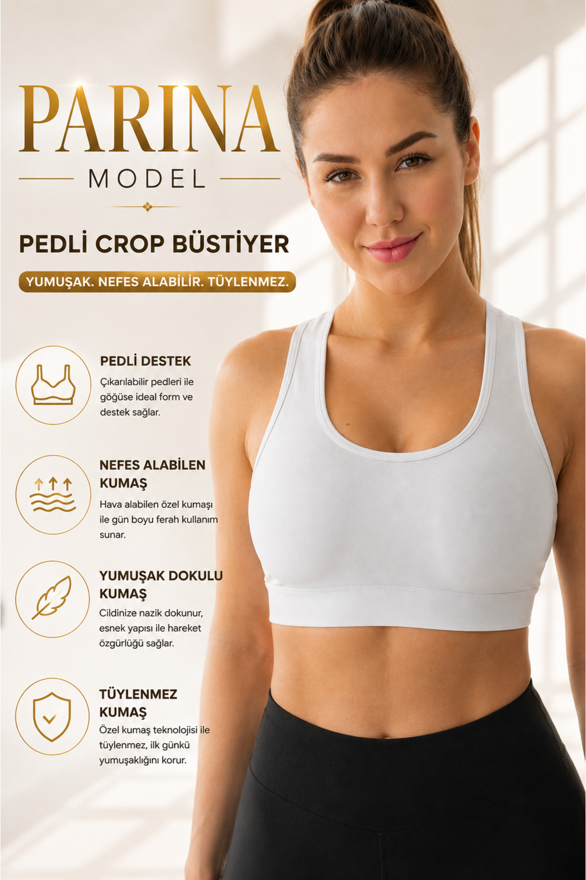 MİSTİRİK Parina Model Düz Sporcu Sütyeni Basic Kalın Askılı Pedli Crop Günlük Comfort Plus Beyaz Renk