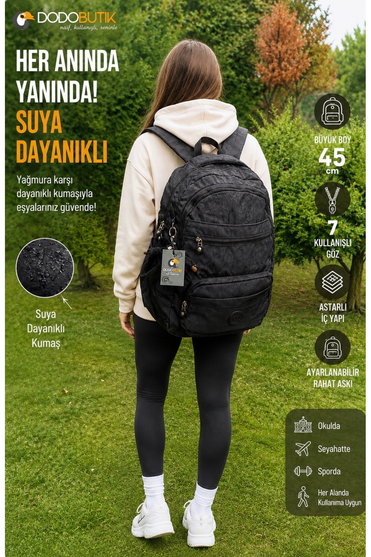 DodoButik Unisex Siyah Suya Dayanıklı Büyük Boy Sırt Çantası