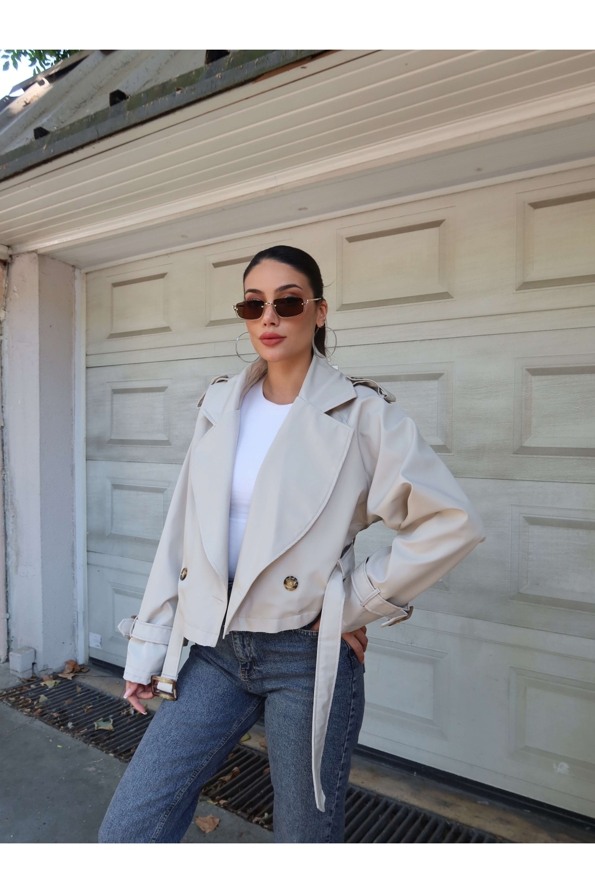 ESRAHELVACI Kruvaze Yaka Crop Trench görsel 2
