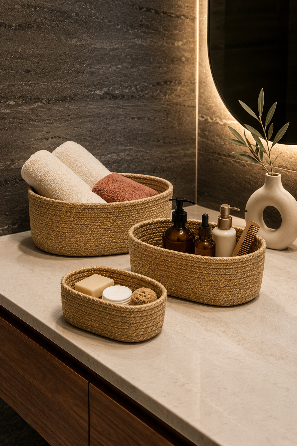 evdeucuz 3’lü Jüt Banyo Düzenleyici Sepet Seti – Havlu, Kozmetik ve Bakım Ürünleri Organizeri
