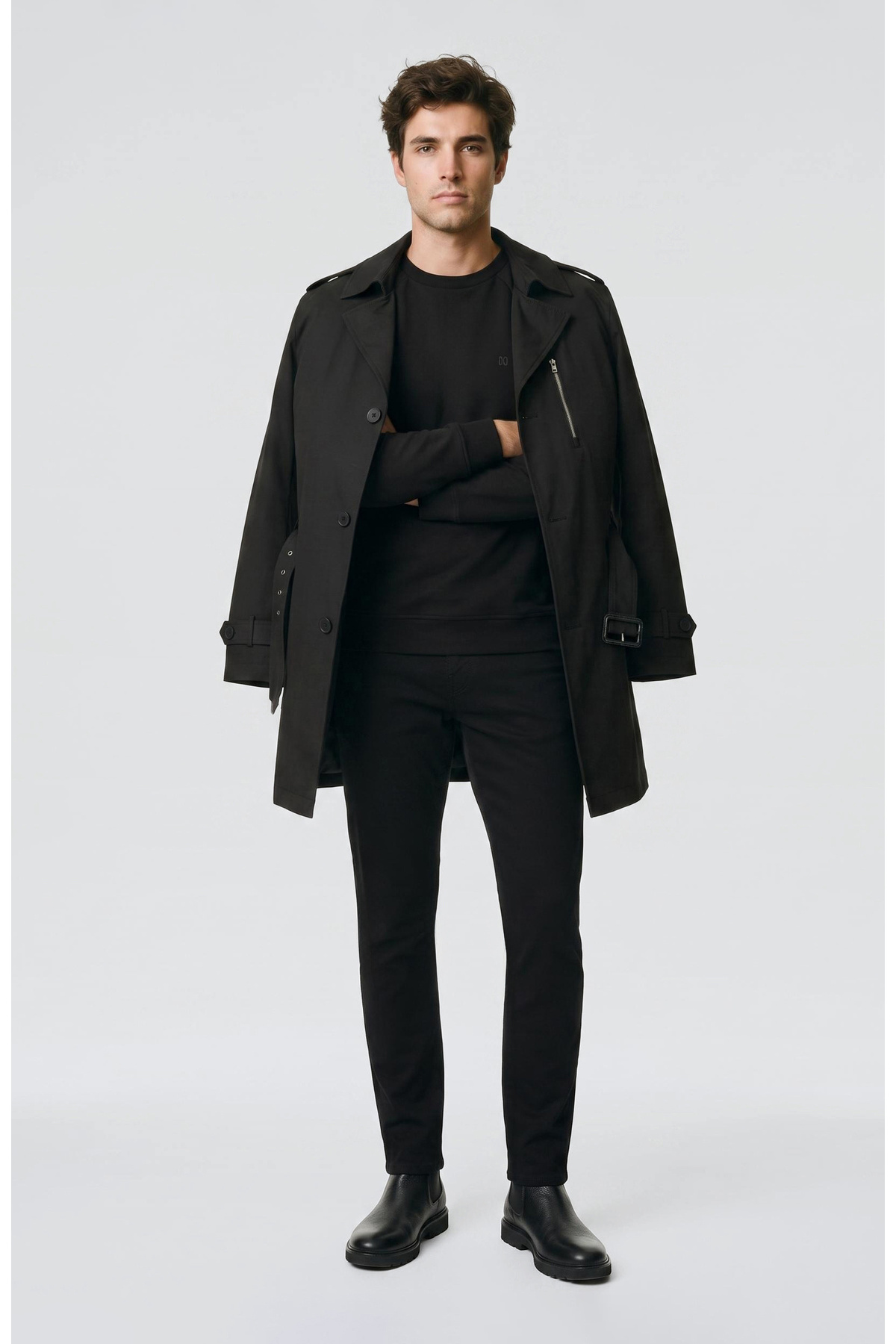 Network Slim Fit Siyah Mono Kapamalı Kuşaklı Pardösü görsel 2