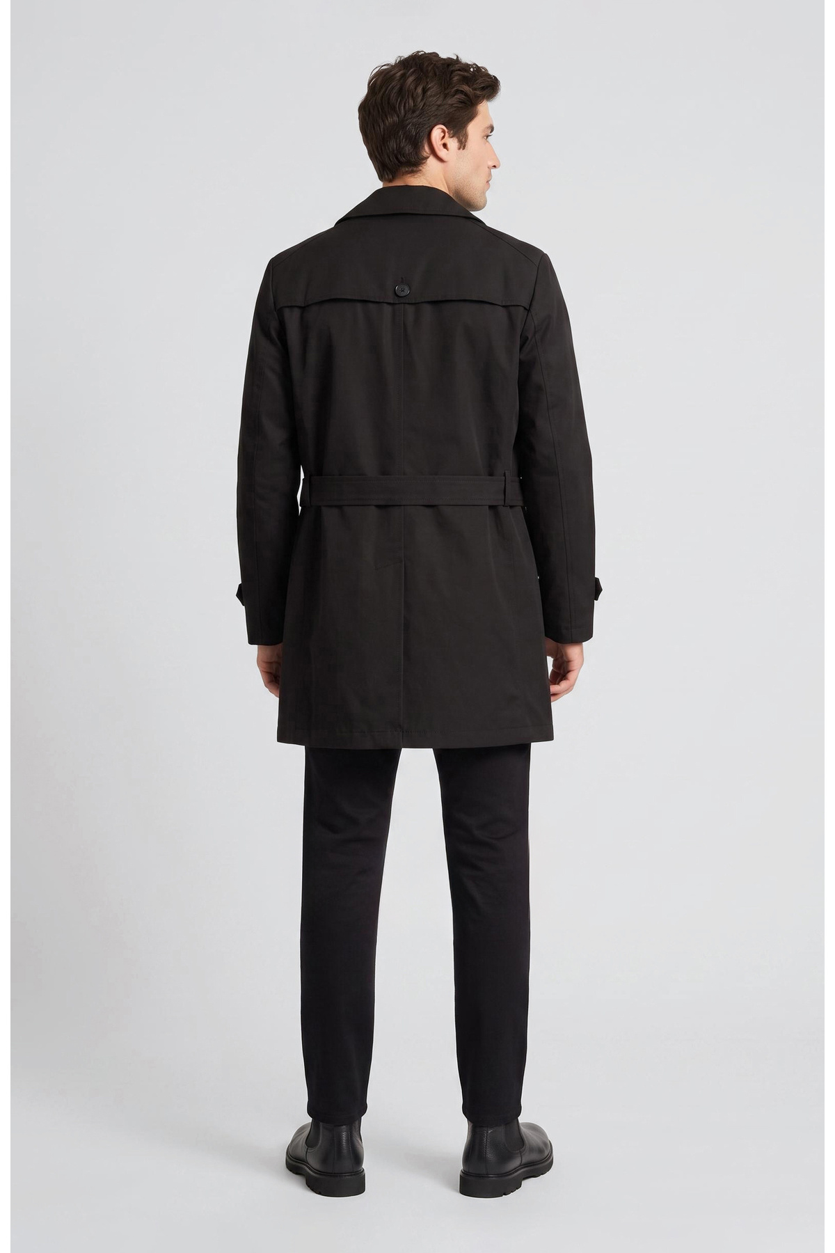 Network Slim Fit Siyah Mono Kapamalı Kuşaklı Pardösü görsel 4