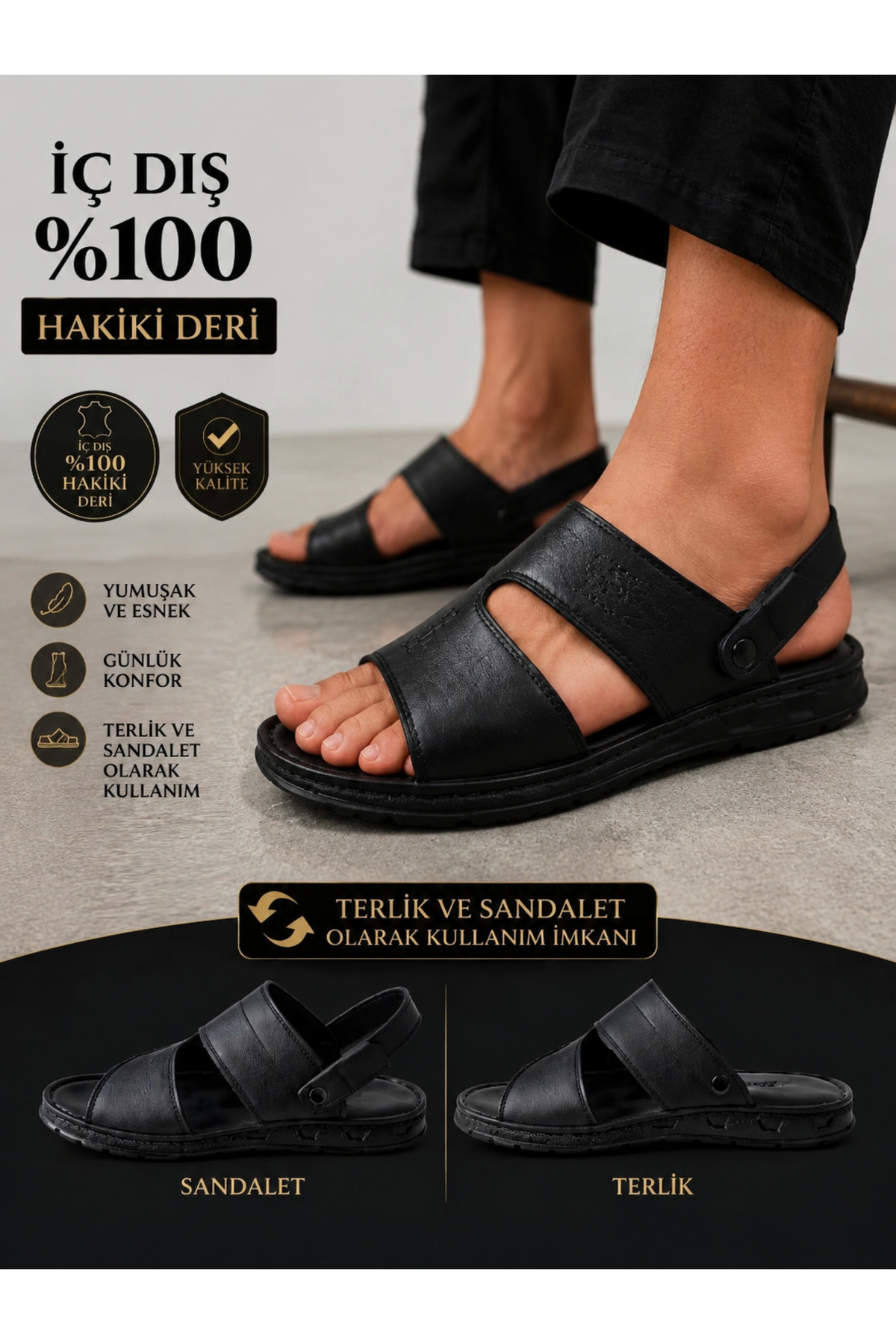 CookaHome Erkek %100 Hakiki Deri Sandalet Siyah Yumuşak Taban Günlük Comfort Sandalet
